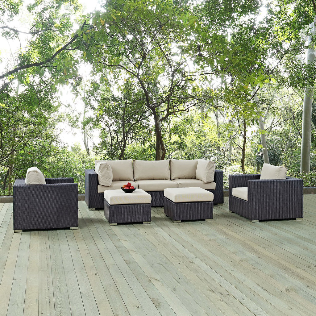 Convene 7 Piece Outdoor Patio Sectional Set - Espresso Beige (2 Sections, Armless Section, 2 Corner Sections, 2 Sections)