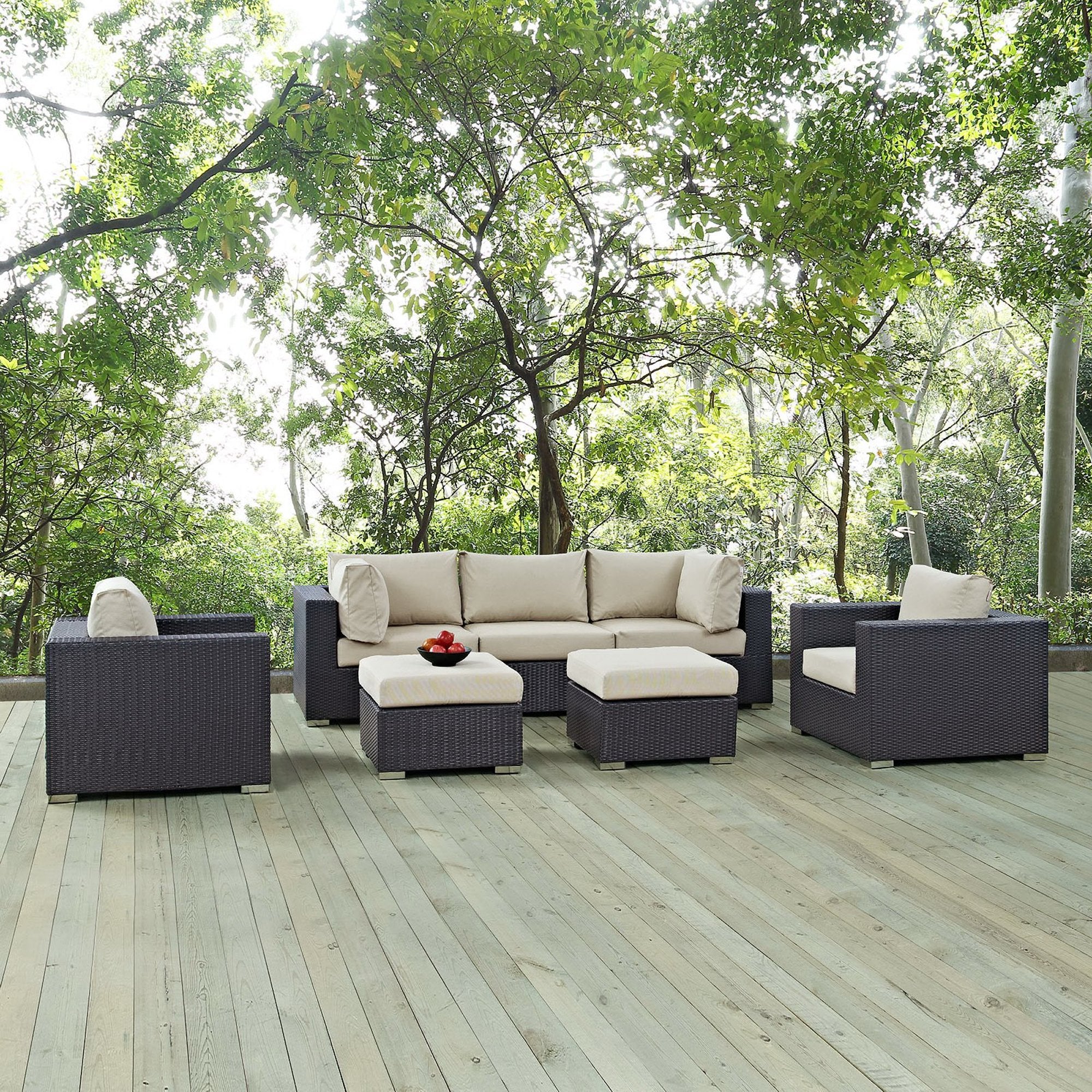 Convene 7 Piece Outdoor Patio Sectional Set - Espresso Beige (2 Sections, Armless Section, 2 Corner Sections, 2 Sections)