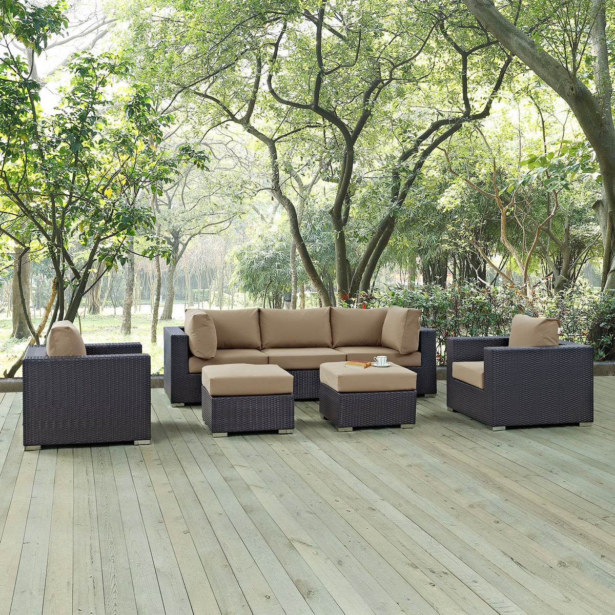 Convene 7 Piece Outdoor Patio Sectional Set - Espresso Mocha (2 Sections, Armless Section, 2 Corner Sections, 2 Sections)