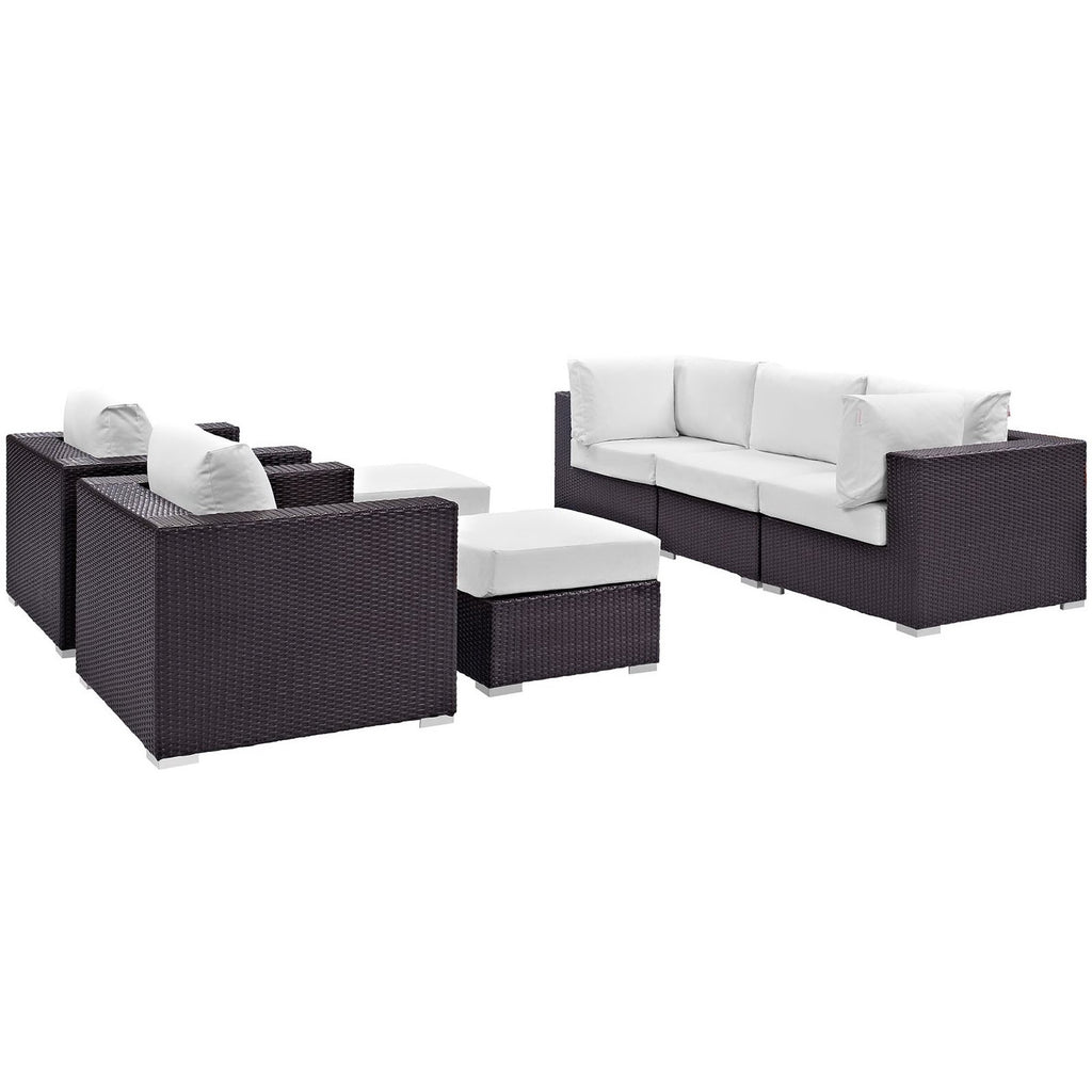 Convene 7 Piece Outdoor Patio Sectional Set - Espresso White (2 Sections, Armless Section, 2 Corner Sections, 2 Sections)