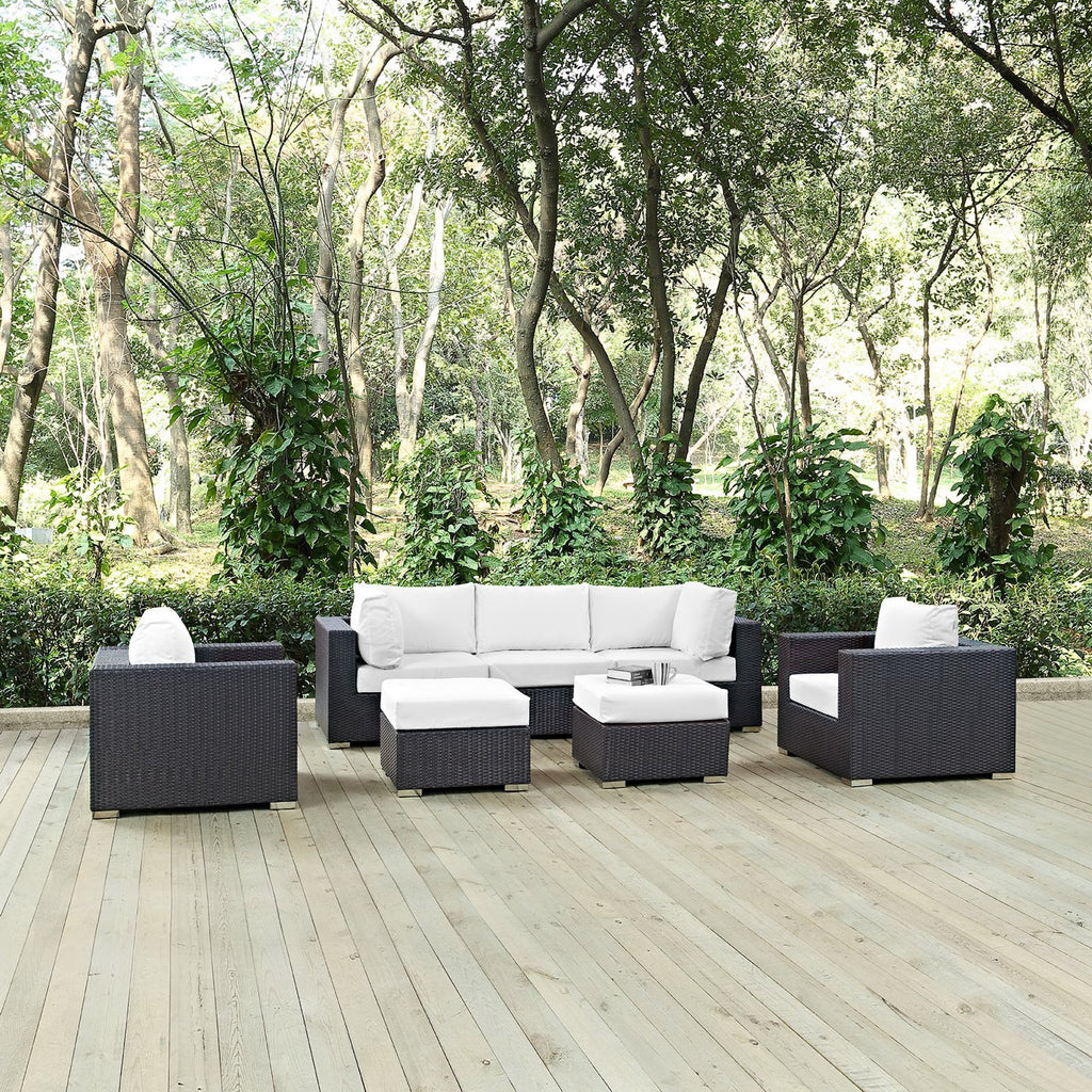 Convene 7 Piece Outdoor Patio Sectional Set - Espresso White (2 Sections, Armless Section, 2 Corner Sections, 2 Sections)