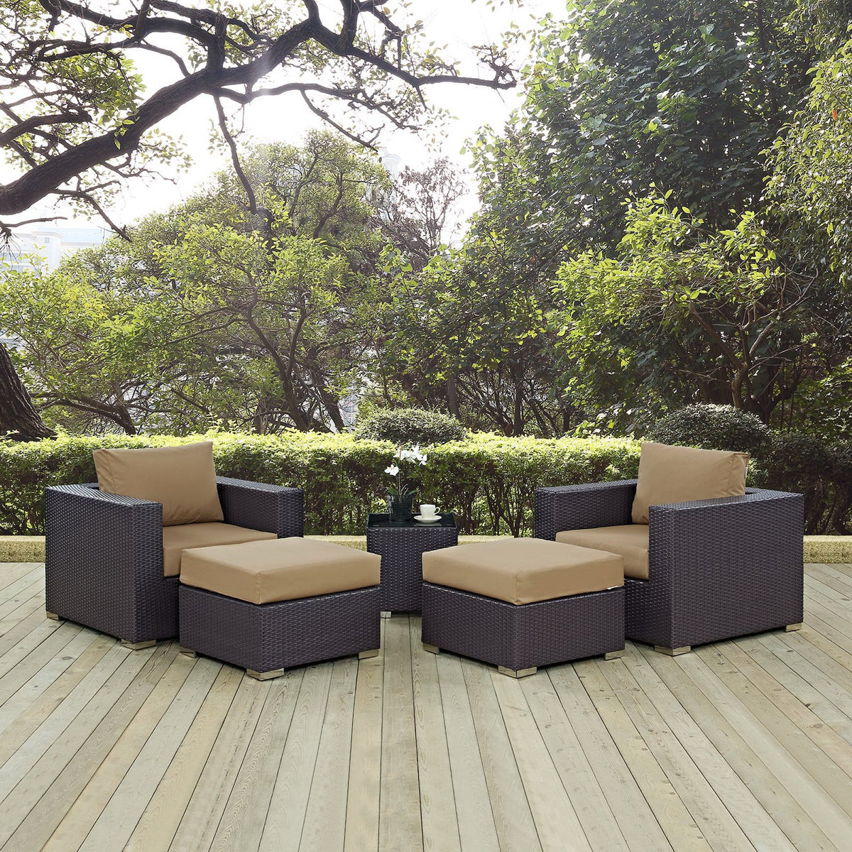 Convene 5 Piece Outdoor Patio Sectional Set - Espresso Mocha (EEI-2201-EXP-MOC-SET)