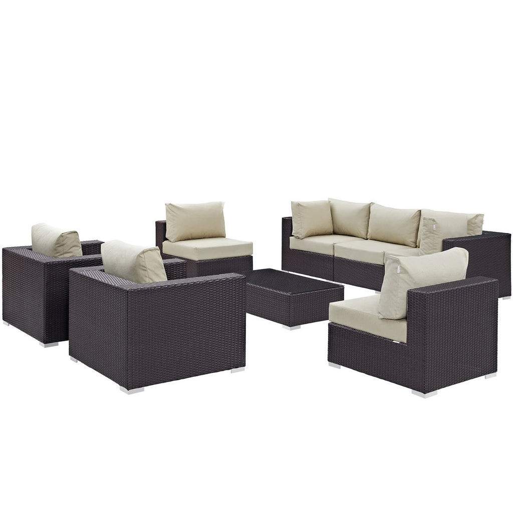 Convene 8 Piece Outdoor Patio Sectional Set - Espresso Beige (2 Sections, 3 Armless Sections, Table, 2 Corner Sections)