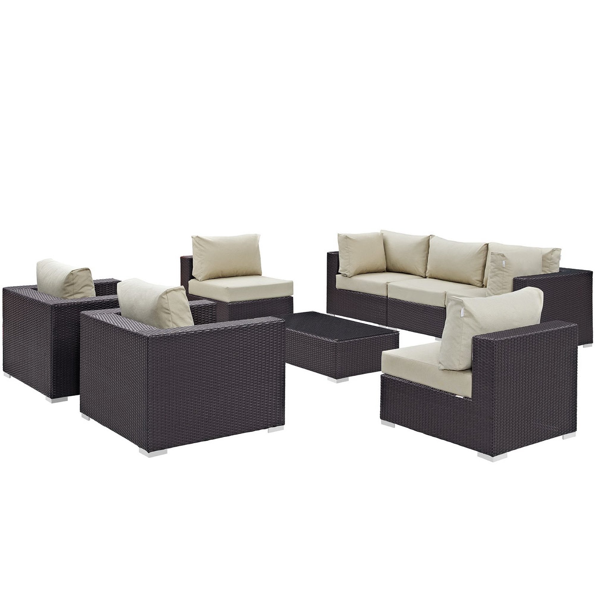 Convene 8 Piece Outdoor Patio Sectional Set - Espresso Beige (2 Sections, 3 Armless Sections, Table, 2 Corner Sections)