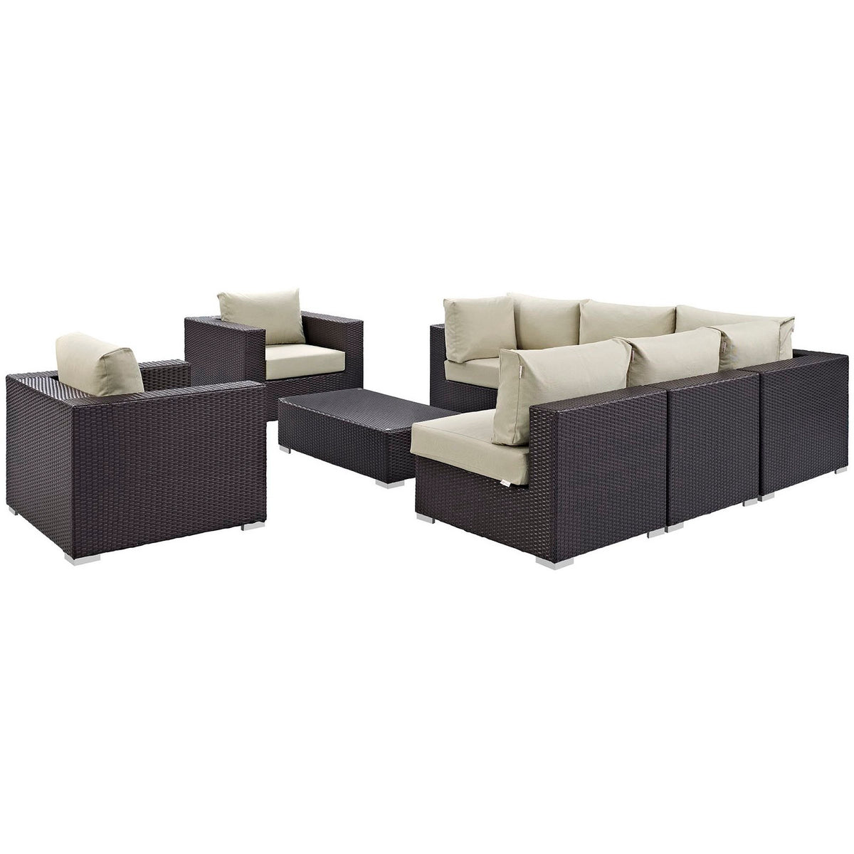 Convene 8 Piece Outdoor Patio Sectional Set - Espresso Beige (2 Sections, 3 Armless Sections, Table, 2 Corner Sections)
