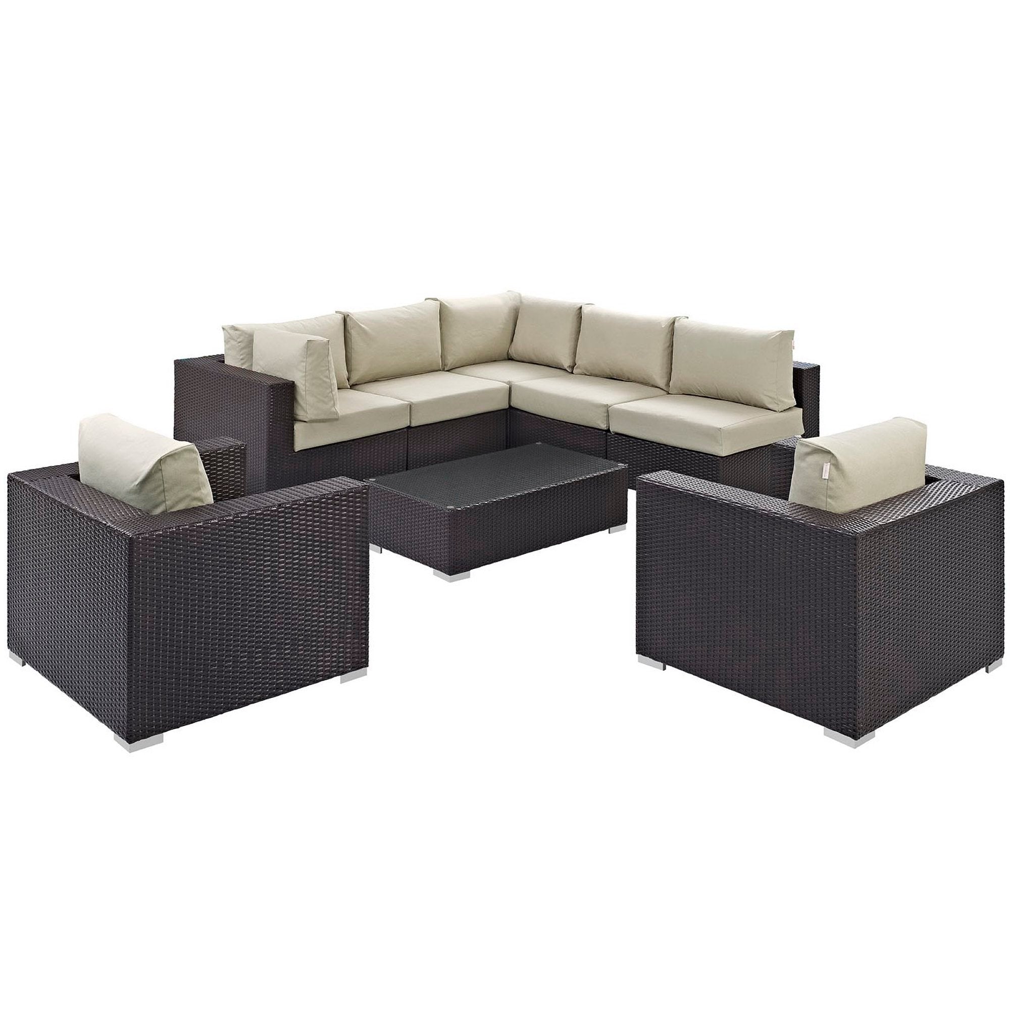 Convene 8 Piece Outdoor Patio Sectional Set - Espresso Beige (2 Sections, 3 Armless Sections, Table, 2 Corner Sections)
