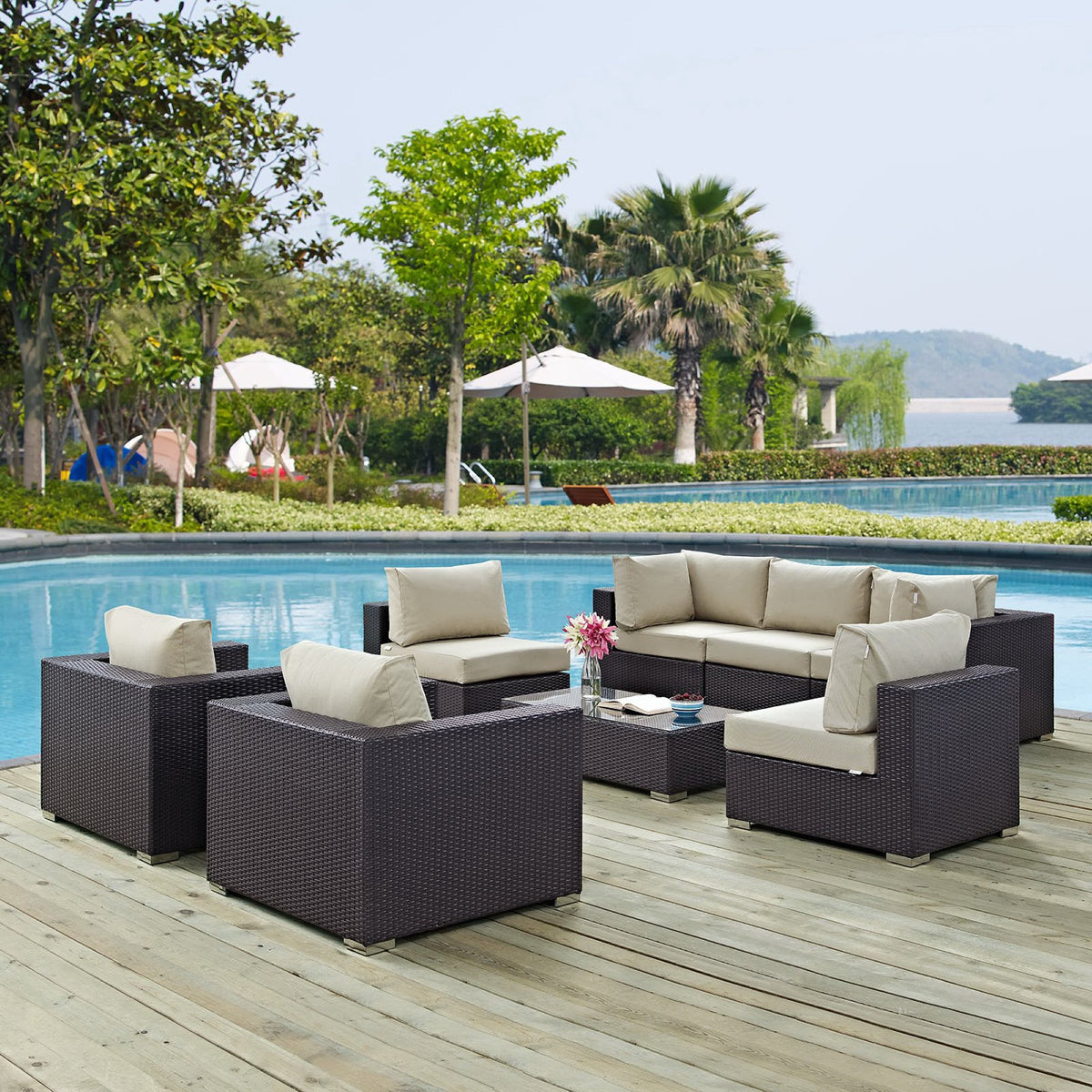 Convene 8 Piece Outdoor Patio Sectional Set - Espresso Beige (2 Sections, 3 Armless Sections, Table, 2 Corner Sections)