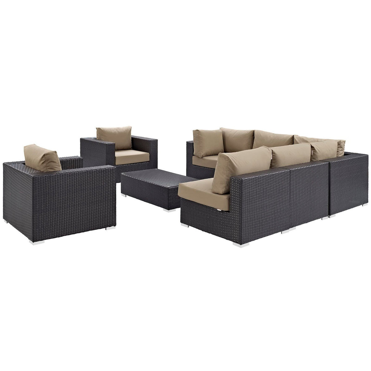 Convene 8 Piece Outdoor Patio Sectional Set - Espresso Mocha (2 Sections, 3 Armless Sections, Table, 2 Corner Sections)