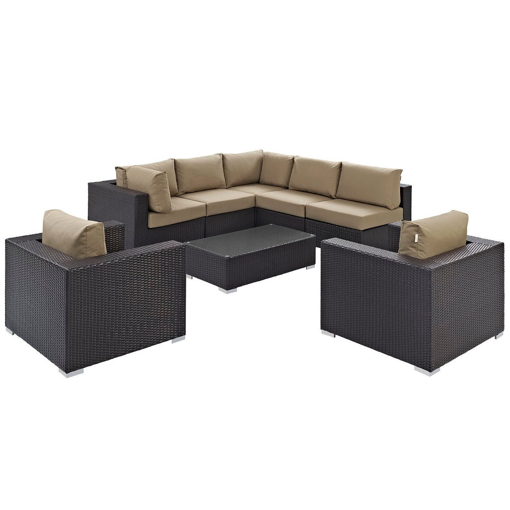 Convene 8 Piece Outdoor Patio Sectional Set - Espresso Mocha (2 Sections, 3 Armless Sections, Table, 2 Corner Sections)