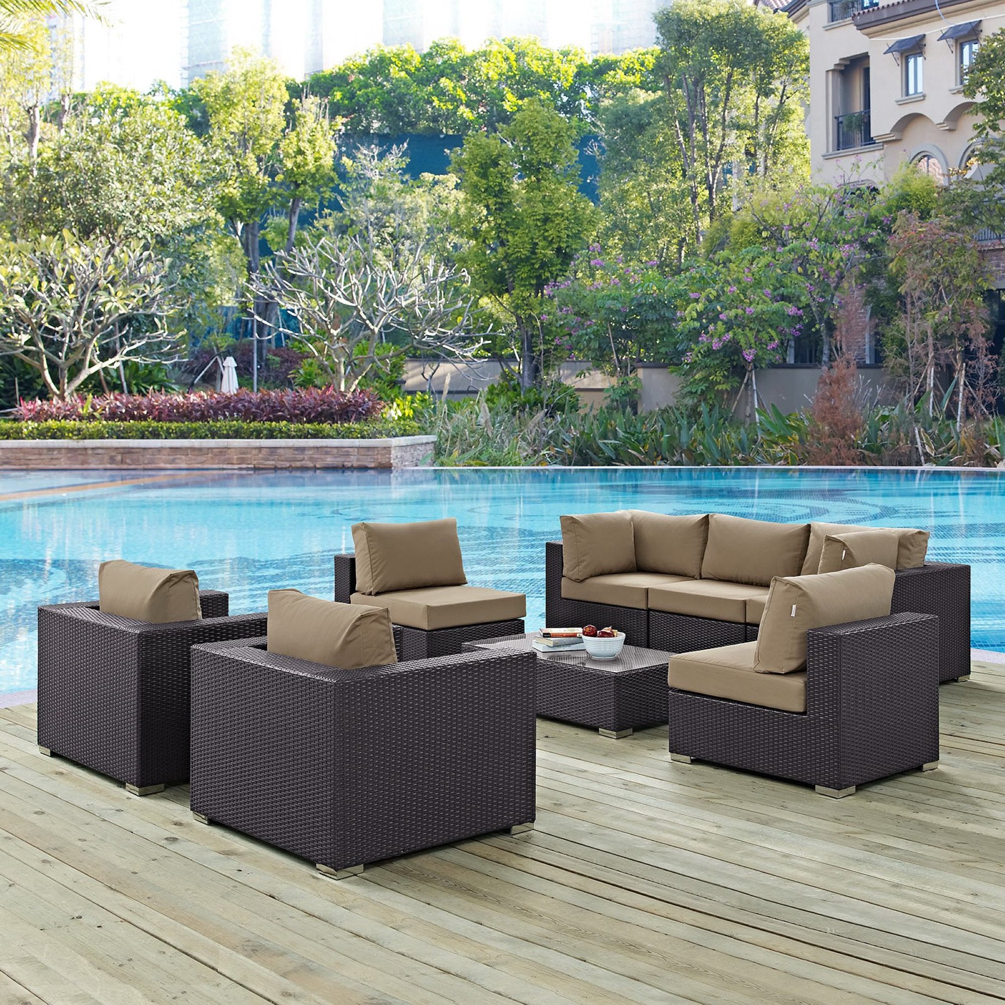 Convene 8 Piece Outdoor Patio Sectional Set - Espresso Mocha (2 Sections, 3 Armless Sections, Table, 2 Corner Sections)