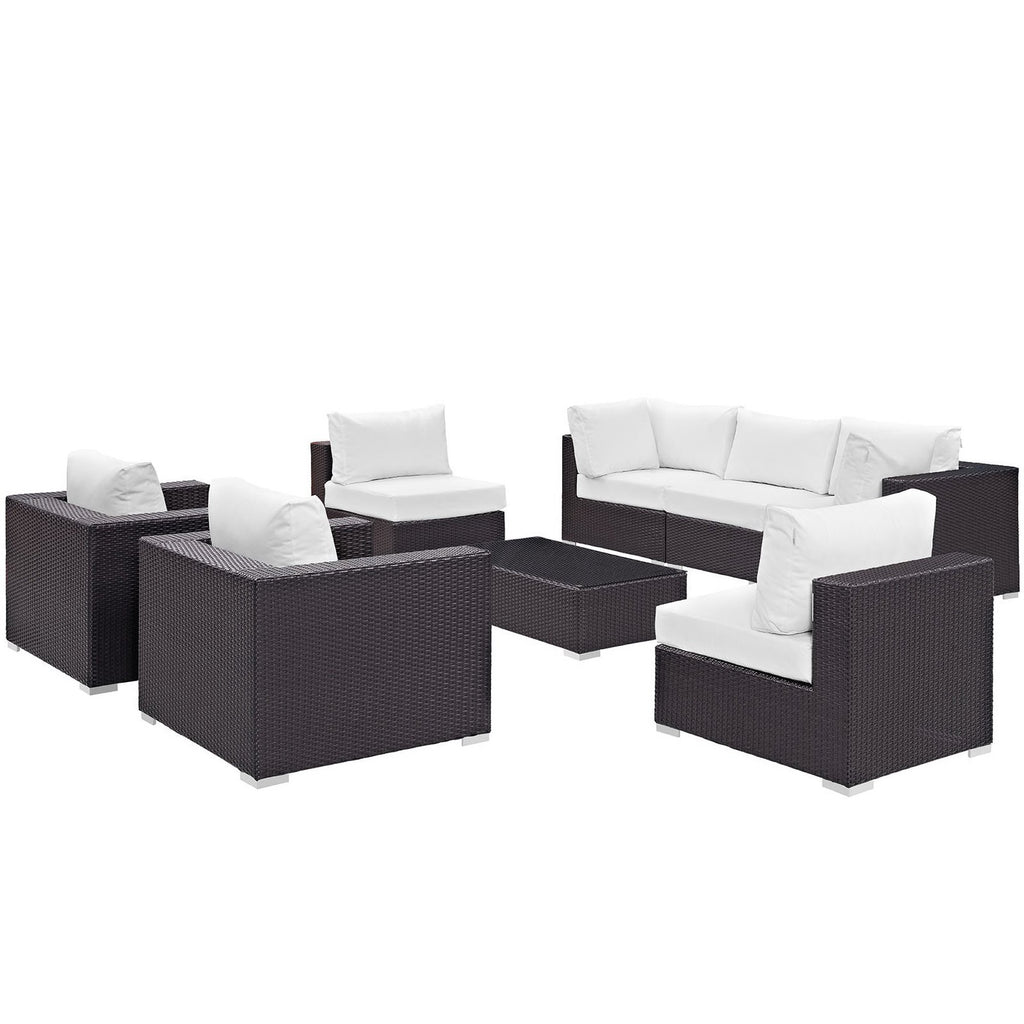 Convene 8 Piece Outdoor Patio Sectional Set - Espresso White (2 Sections, 3 Armless Sections, Table, 2 Corner Sections)