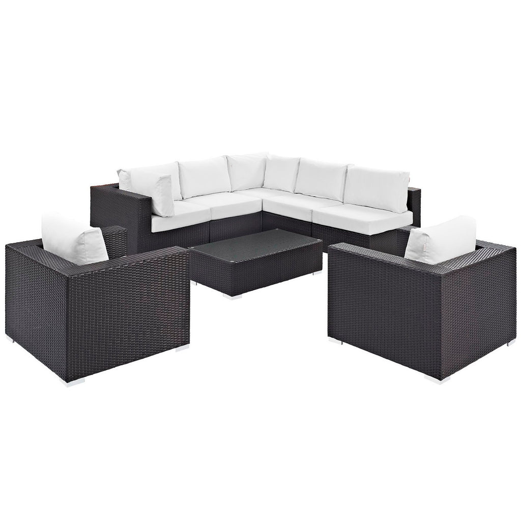 Convene 8 Piece Outdoor Patio Sectional Set - Espresso White (2 Sections, 3 Armless Sections, Table, 2 Corner Sections)