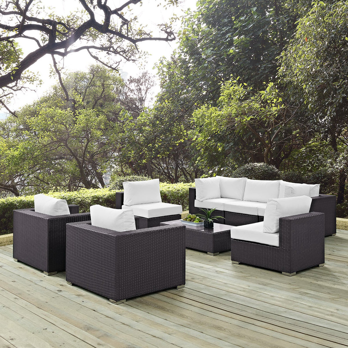 Convene 8 Piece Outdoor Patio Sectional Set - Espresso White (2 Sections, 3 Armless Sections, Table, 2 Corner Sections)
