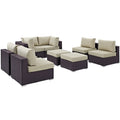 Convene 8 Piece Outdoor Patio Sectional Set - Espresso Beige (4 Armless Sections, 2 Corner Sections, 2 Ottomans)