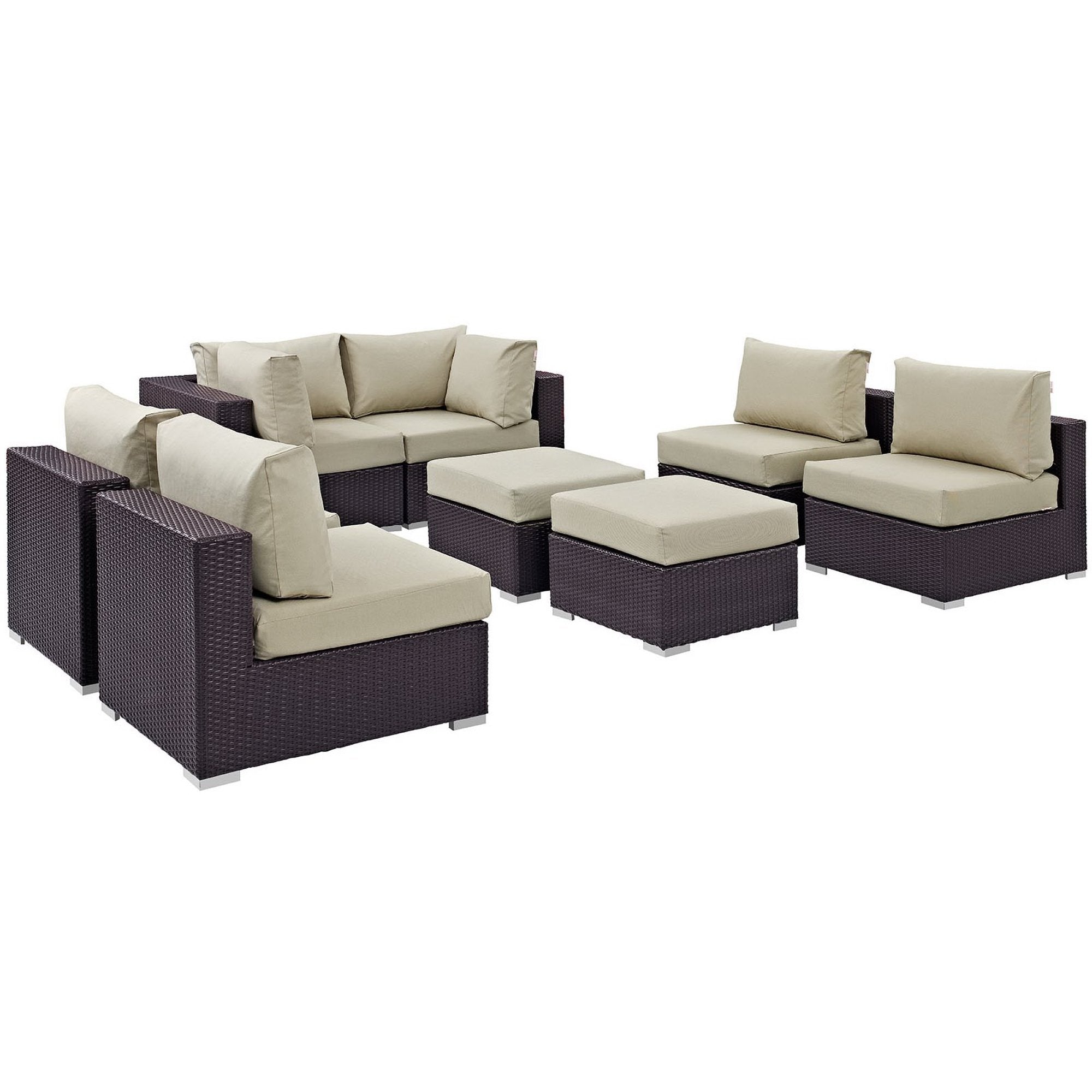 Convene 8 Piece Outdoor Patio Sectional Set - Espresso Beige (4 Armless Sections, 2 Corner Sections, 2 Ottomans)