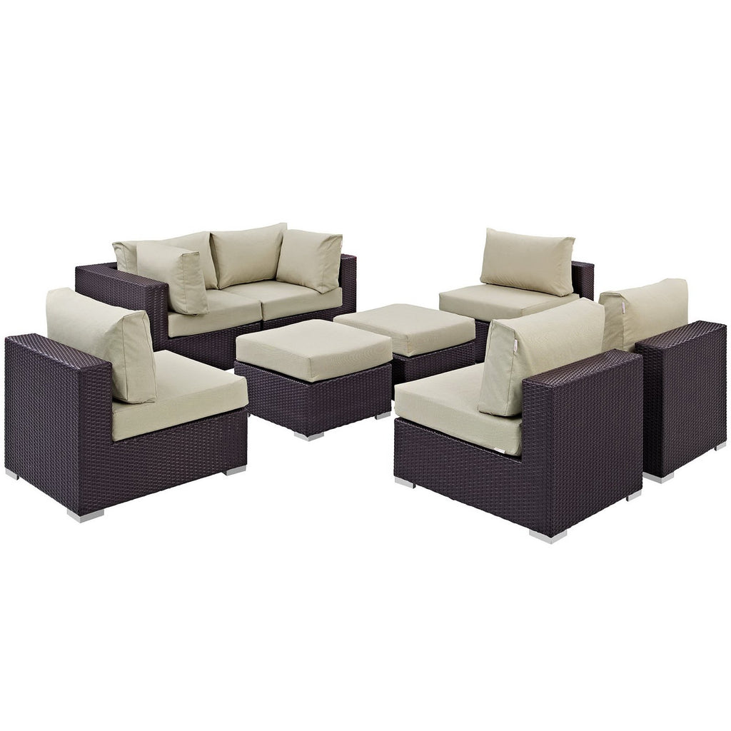 Convene 8 Piece Outdoor Patio Sectional Set - Espresso Beige (4 Armless Sections, 2 Corner Sections, 2 Ottomans)