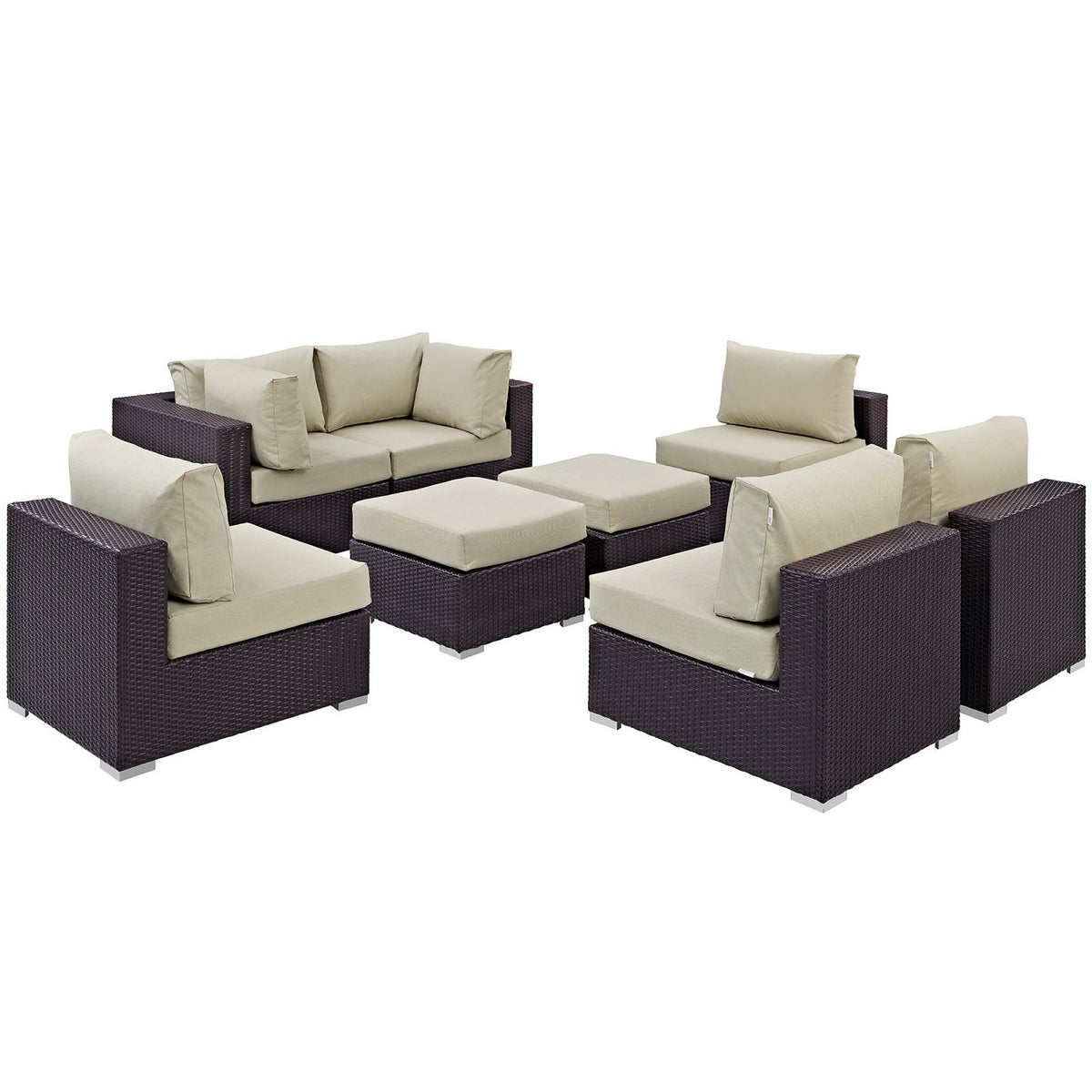 Convene 8 Piece Outdoor Patio Sectional Set - Espresso Beige (4 Armless Sections, 2 Corner Sections, 2 Ottomans)