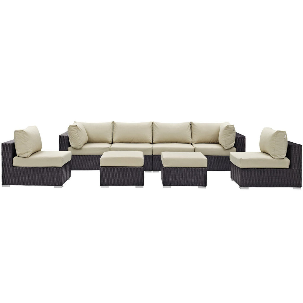 Convene 8 Piece Outdoor Patio Sectional Set - Espresso Beige (4 Armless Sections, 2 Corner Sections, 2 Ottomans)