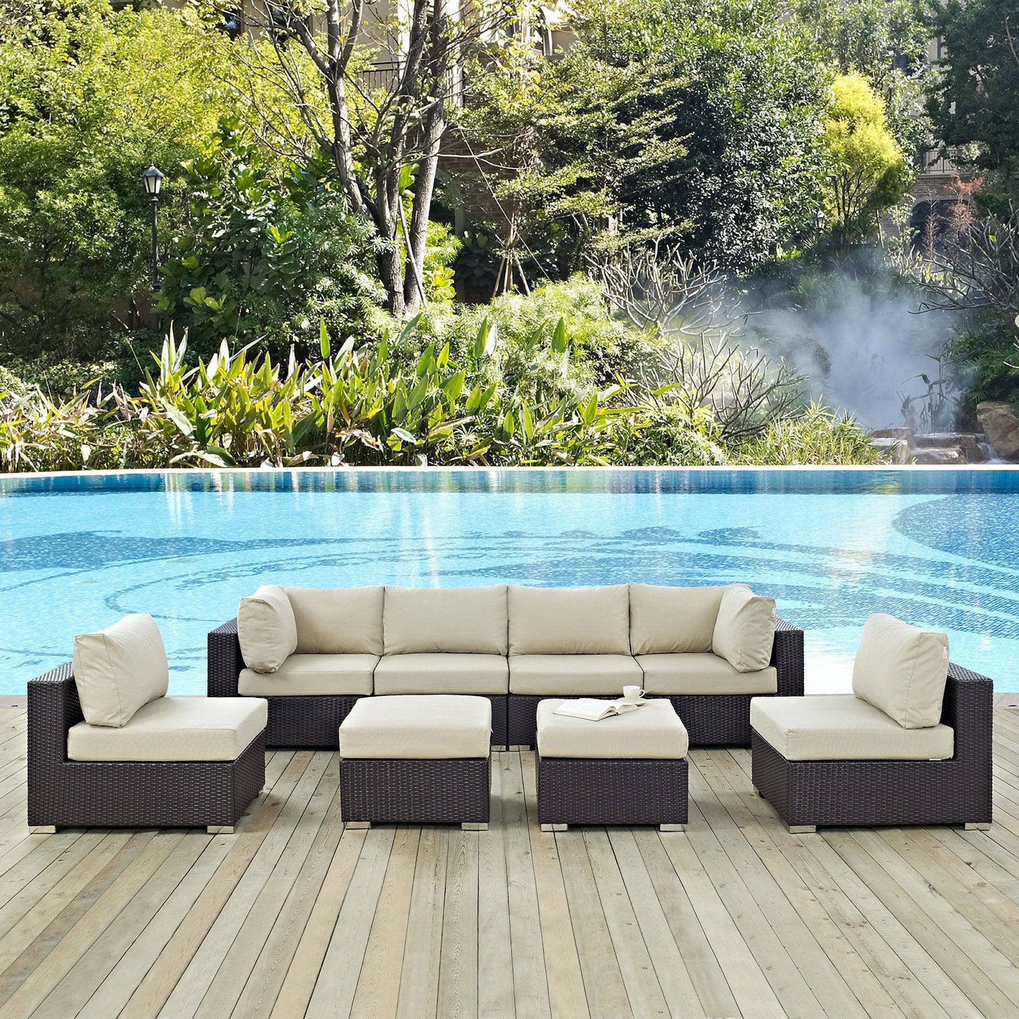 Convene 8 Piece Outdoor Patio Sectional Set - Espresso Beige (4 Armless Sections, 2 Corner Sections, 2 Ottomans)