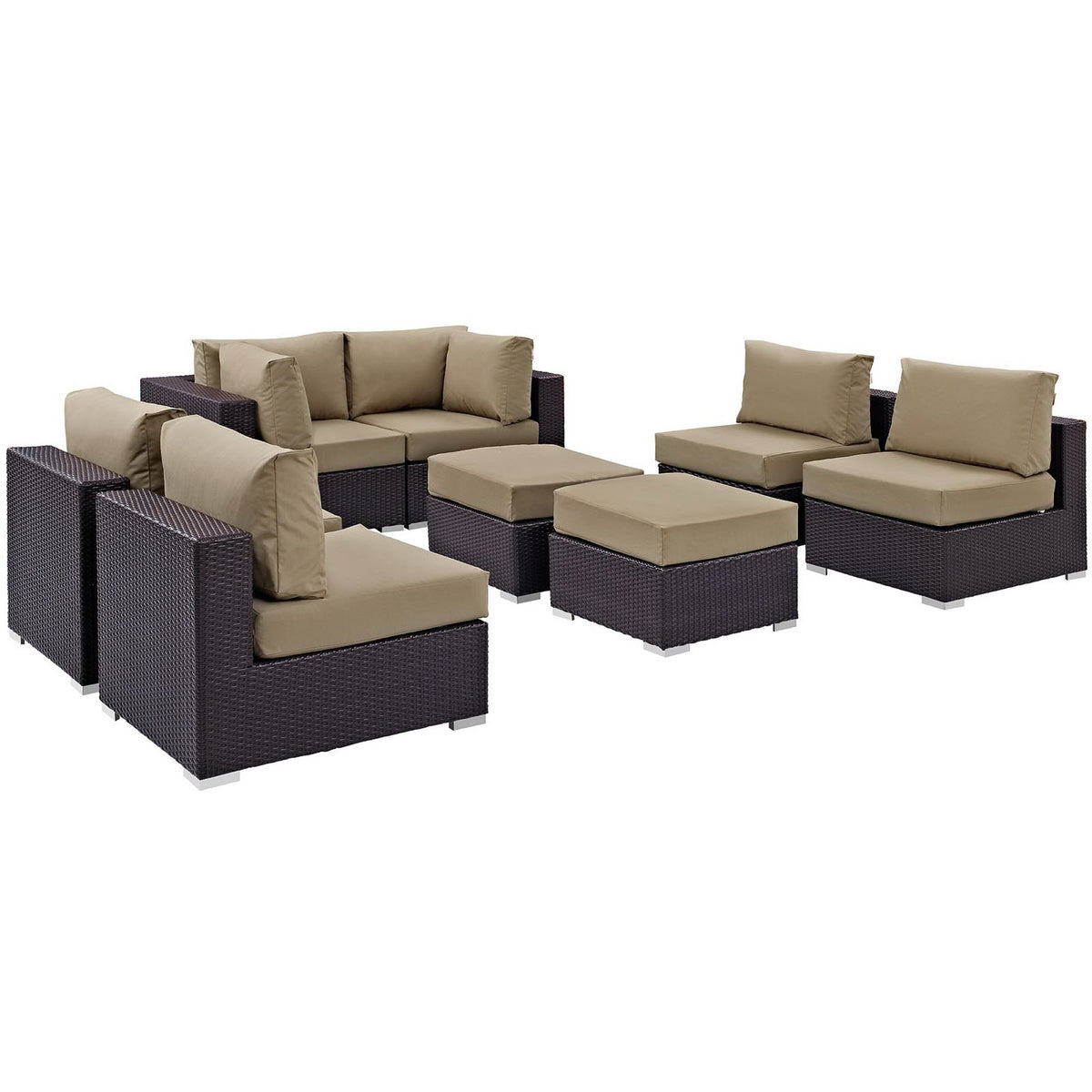 Convene 8 Piece Outdoor Patio Sectional Set - Espresso Mocha (4 Armless Sections, 2 Corner Sections, 2 Ottomans)