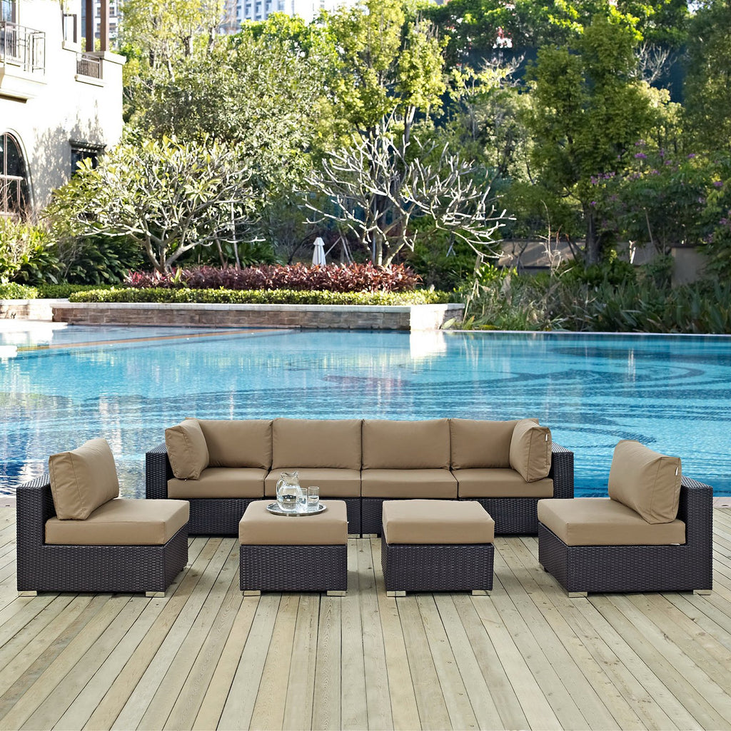 Convene 8 Piece Outdoor Patio Sectional Set - Espresso Mocha (4 Armless Sections, 2 Corner Sections, 2 Ottomans)