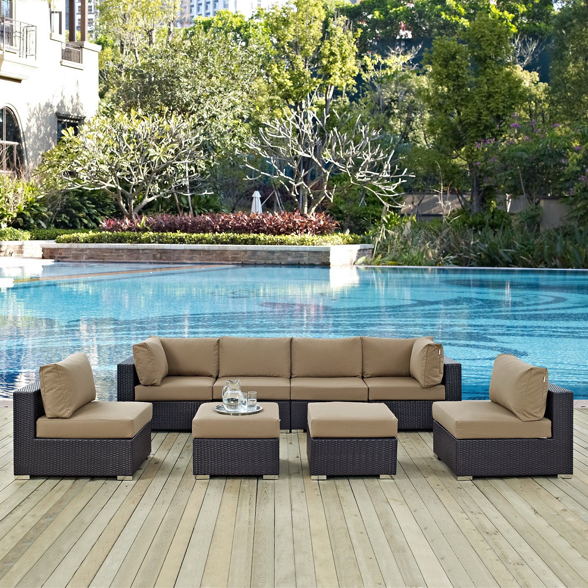 Convene 8 Piece Outdoor Patio Sectional Set - Espresso Mocha (4 Armless Sections, 2 Corner Sections, 2 Ottomans)