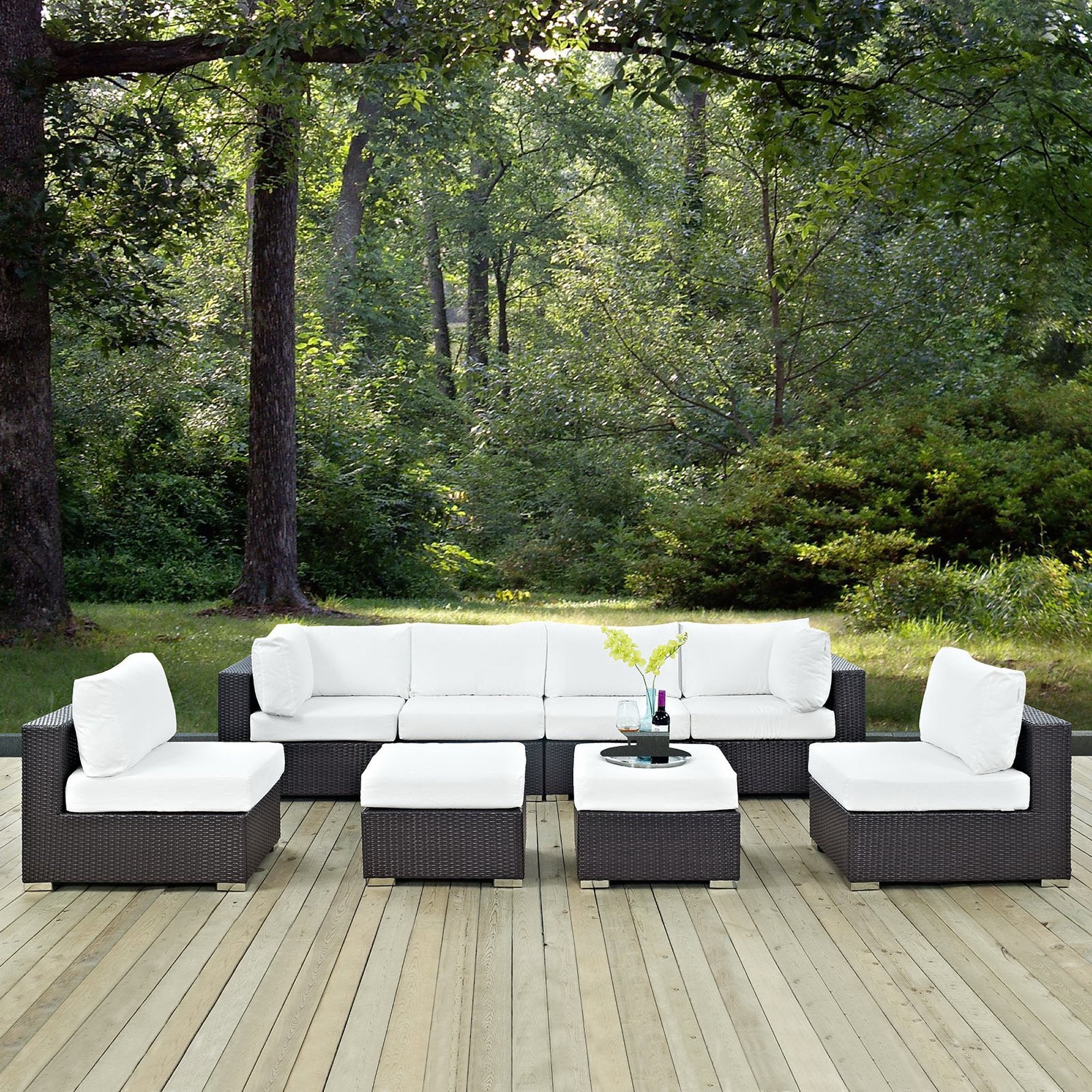 Convene 8 Piece Outdoor Patio Sectional Set - Espresso White (4 Armless Sections, 2 Corner Sections, 2 Ottomans)