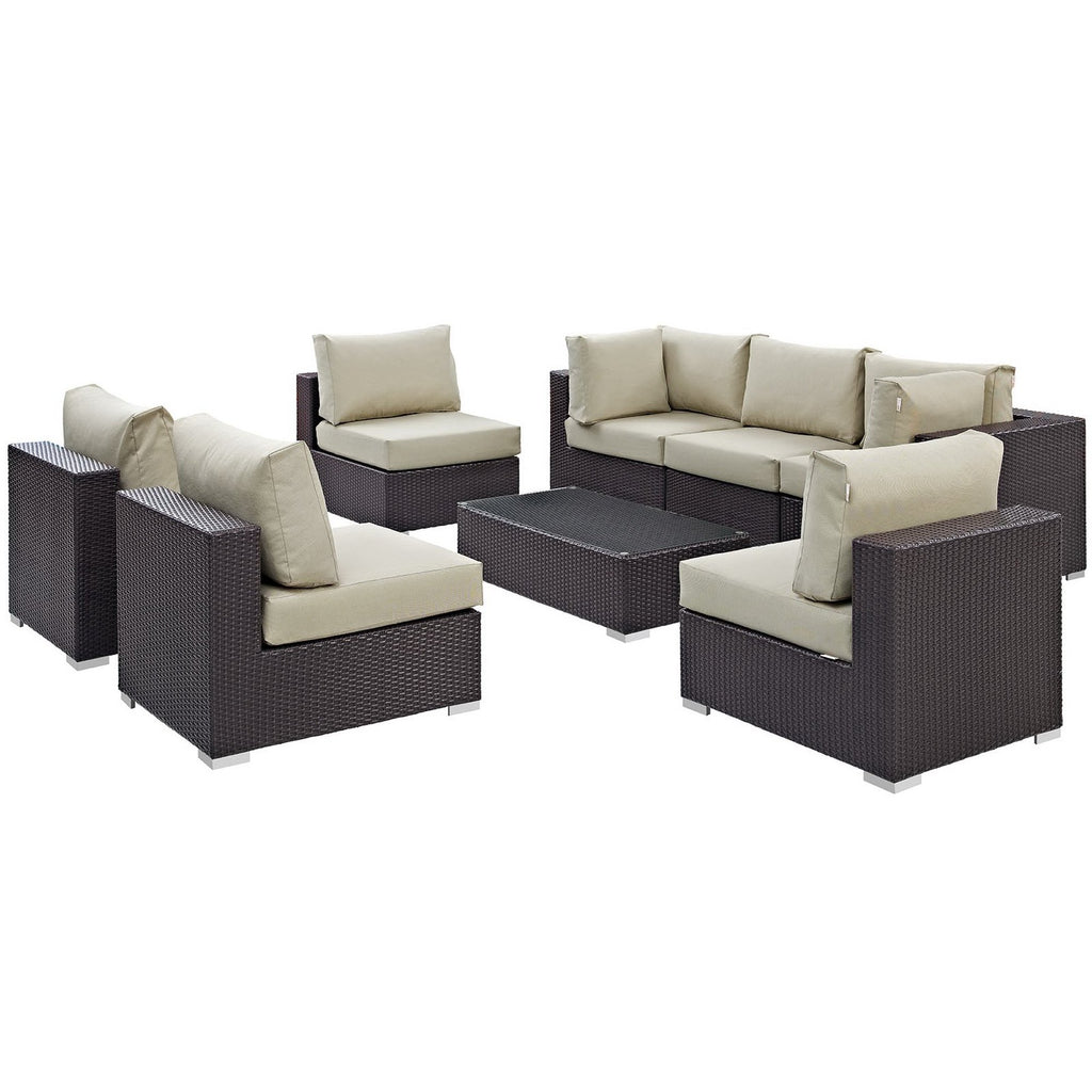 Convene 8 Piece Outdoor Patio Sectional Set - Espresso Beige (5 Armless Sections, Coffee Table, 2 Corner Sections)