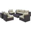 Convene 8 Piece Outdoor Patio Sectional Set - Espresso Beige (5 Armless Sections, Coffee Table, 2 Corner Sections)