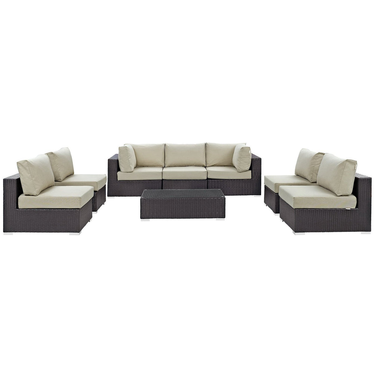 Convene 8 Piece Outdoor Patio Sectional Set - Espresso Beige (5 Armless Sections, Coffee Table, 2 Corner Sections)