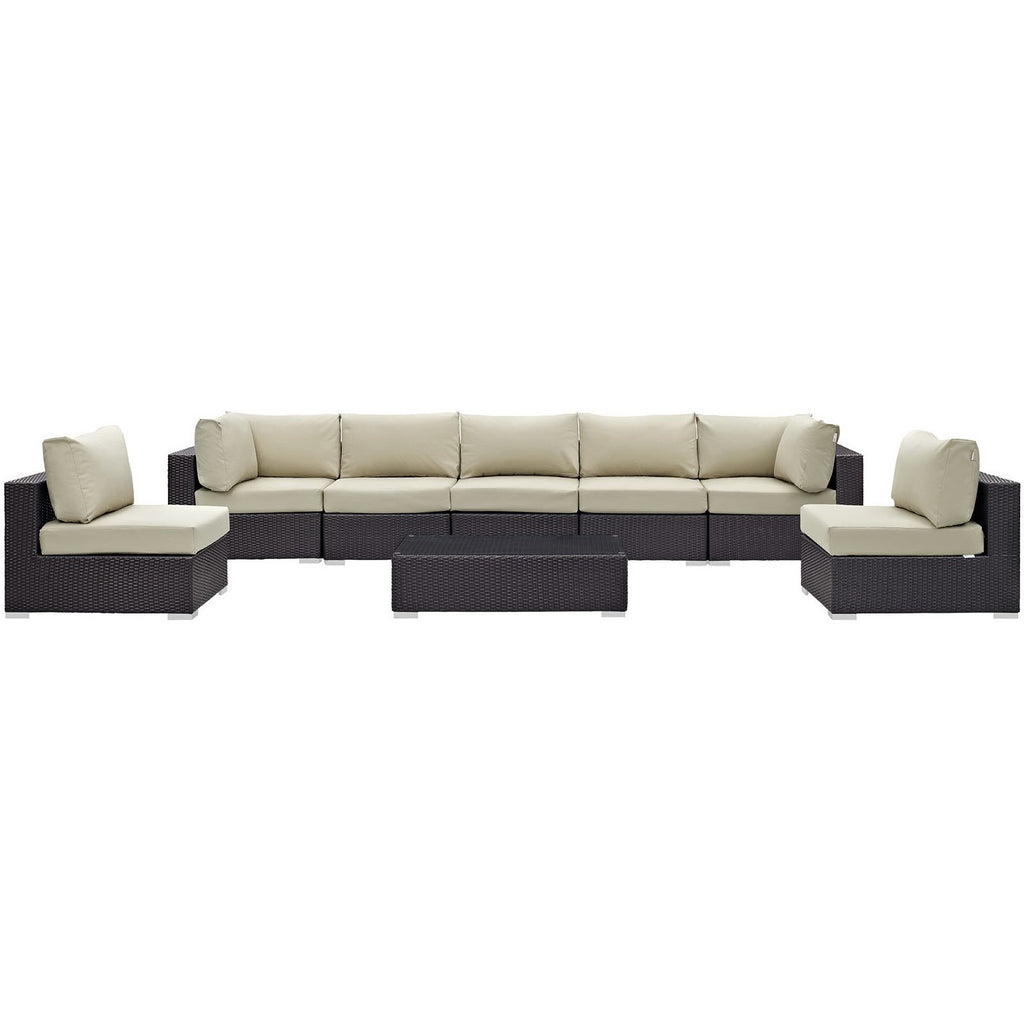 Convene 8 Piece Outdoor Patio Sectional Set - Espresso Beige (5 Armless Sections, Coffee Table, 2 Corner Sections)