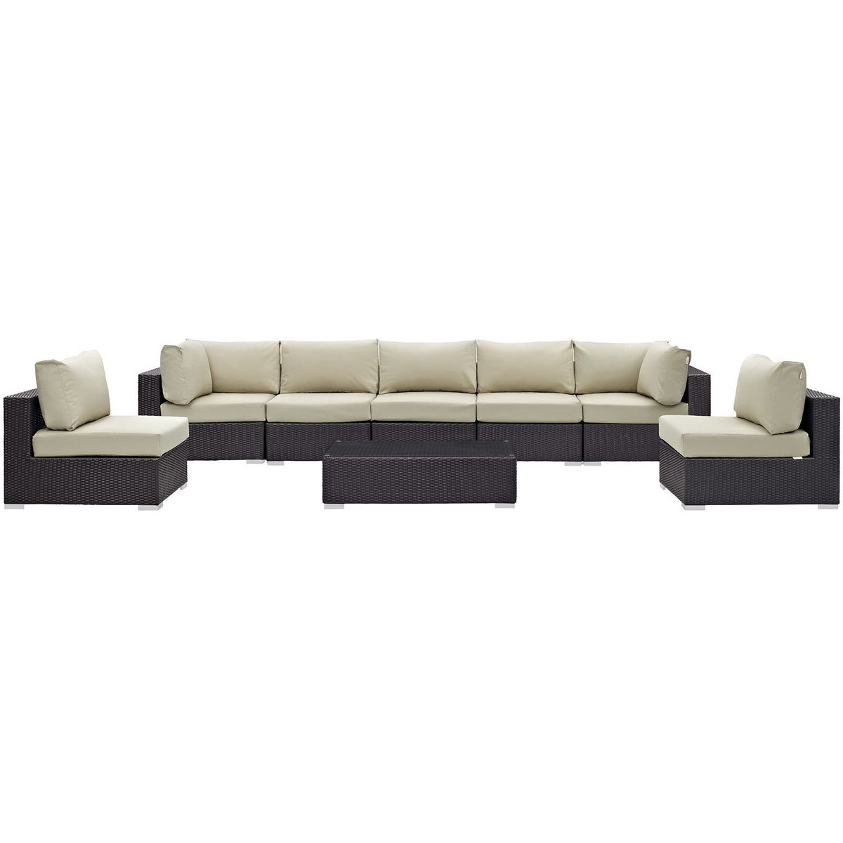 Convene 8 Piece Outdoor Patio Sectional Set - Espresso Beige (5 Armless Sections, Coffee Table, 2 Corner Sections)