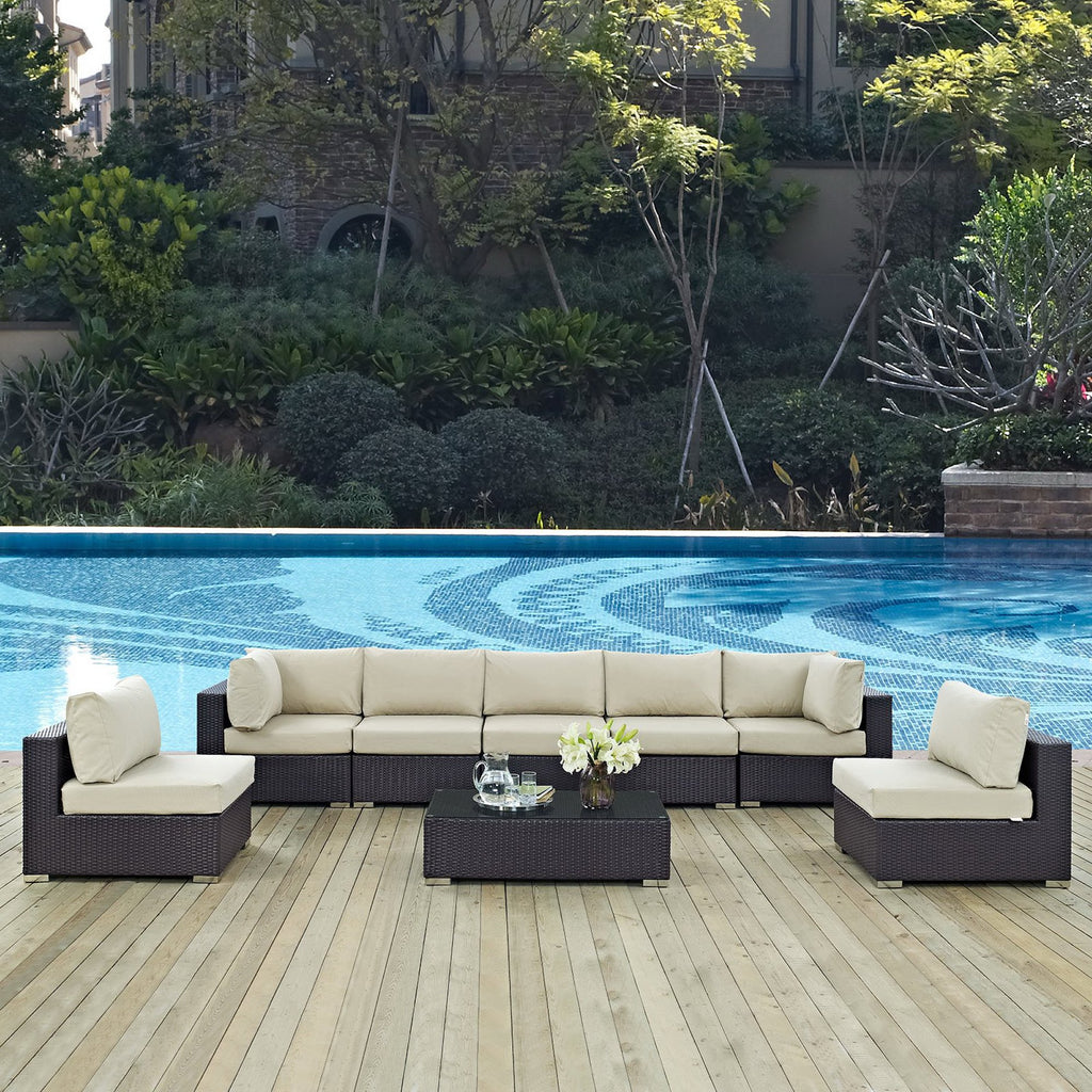 Convene 8 Piece Outdoor Patio Sectional Set - Espresso Beige (5 Armless Sections, Coffee Table, 2 Corner Sections)
