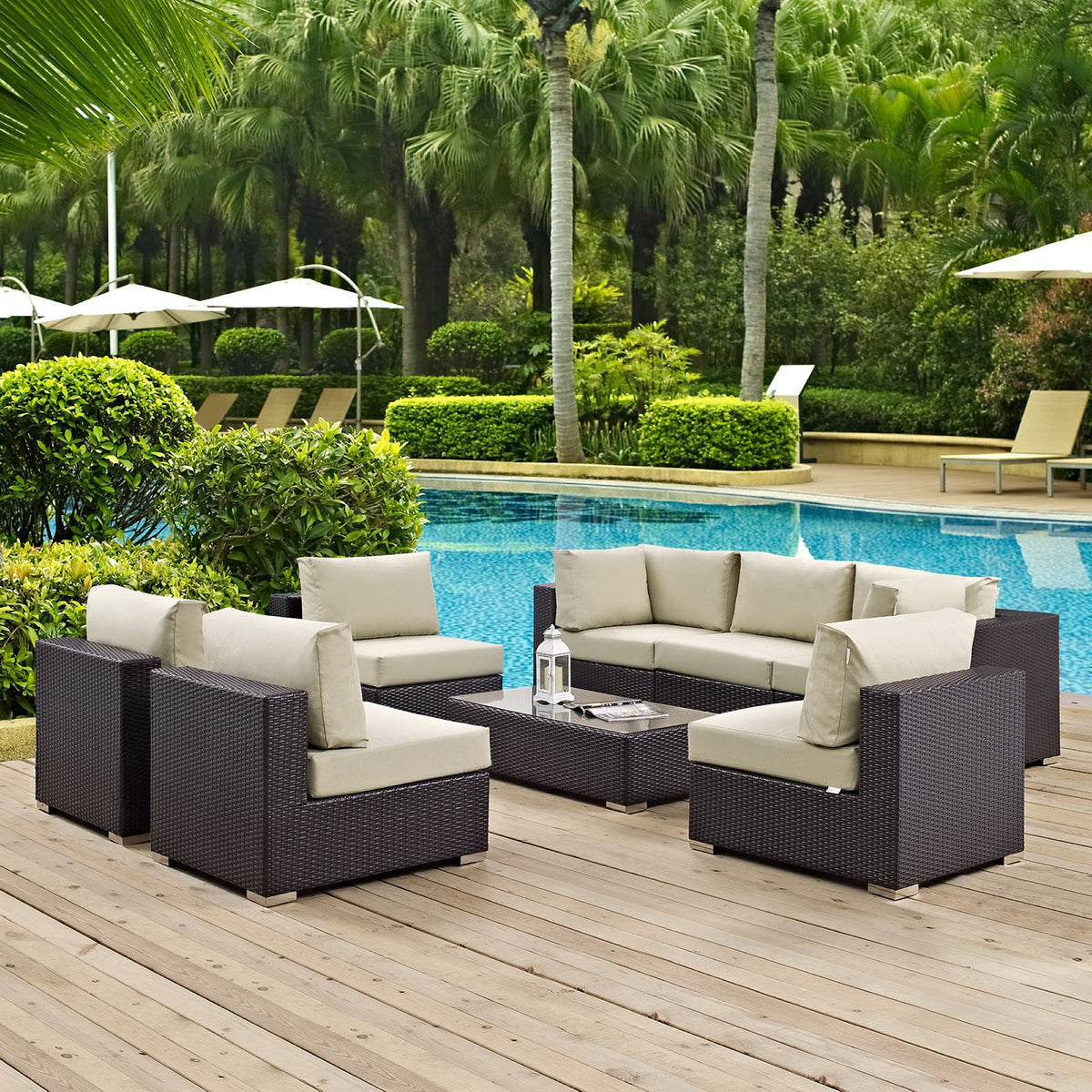 Convene 8 Piece Outdoor Patio Sectional Set - Espresso Beige (5 Armless Sections, Coffee Table, 2 Corner Sections)