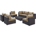 Convene 8 Piece Outdoor Patio Sectional Set - Espresso Mocha (5 Armless Sections, Coffee Table, 2 Corner Sections)