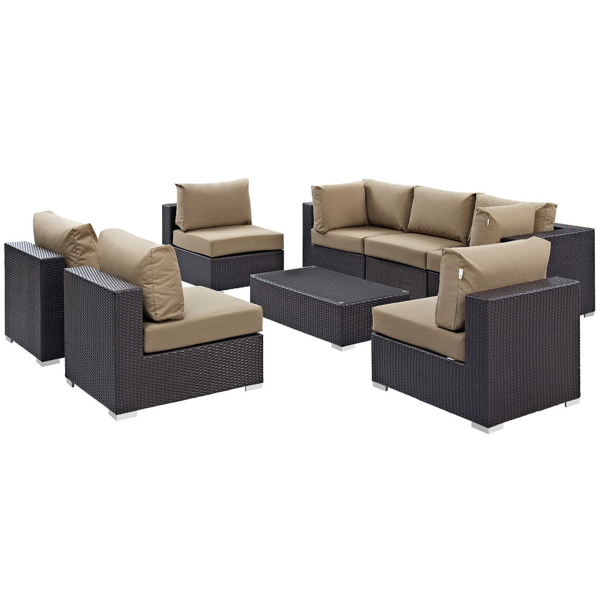Convene 8 Piece Outdoor Patio Sectional Set - Espresso Mocha (5 Armless Sections, Coffee Table, 2 Corner Sections)