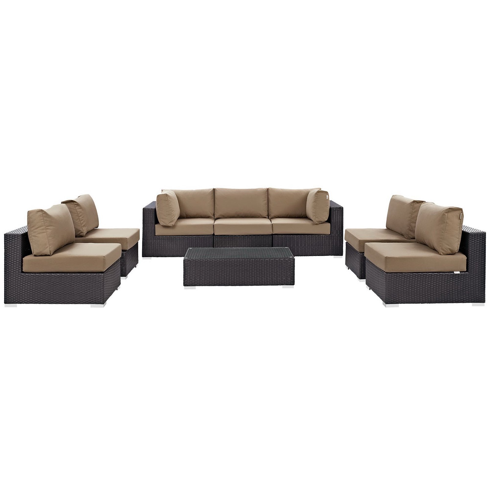 Convene 8 Piece Outdoor Patio Sectional Set - Espresso Mocha (5 Armless Sections, Coffee Table, 2 Corner Sections)