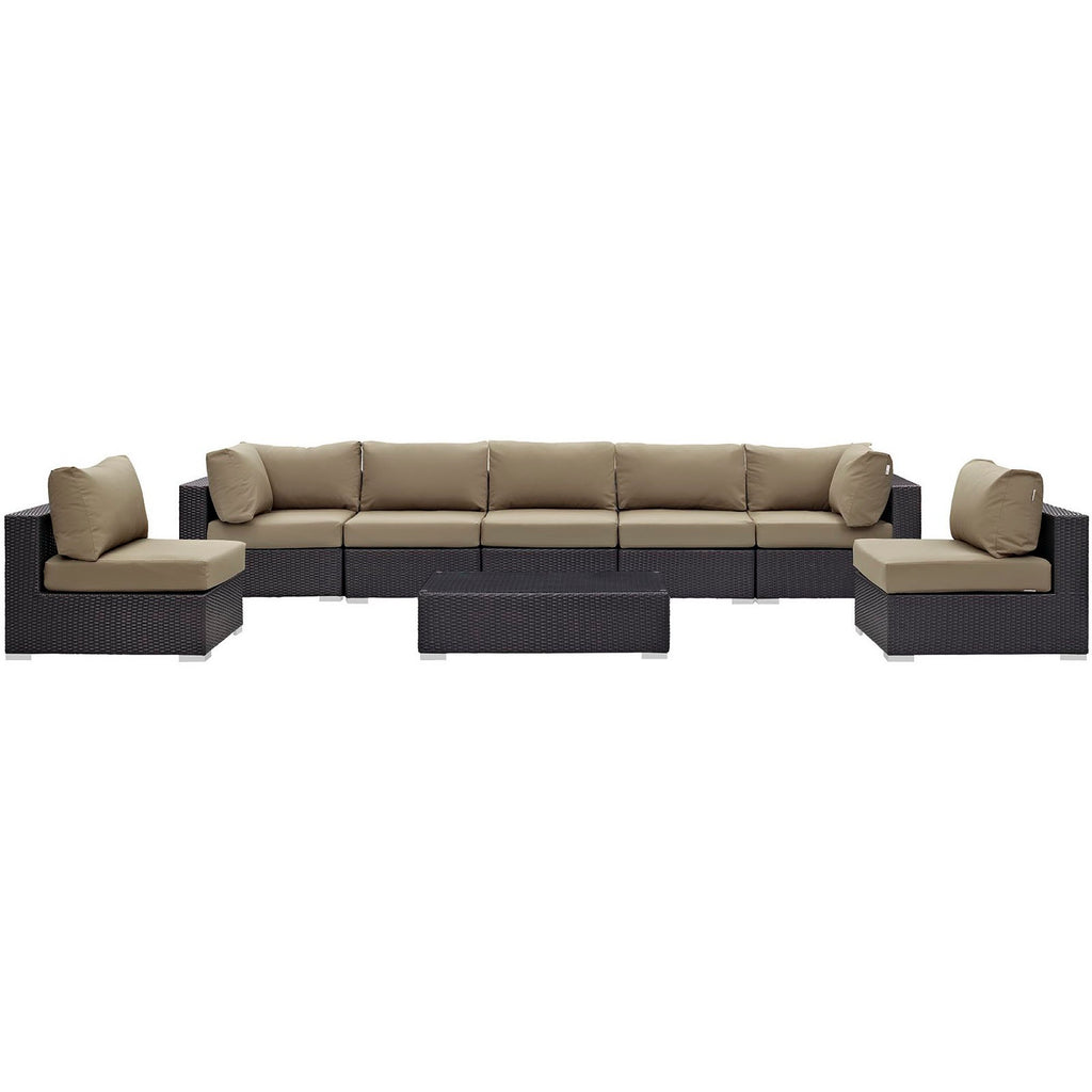 Convene 8 Piece Outdoor Patio Sectional Set - Espresso Mocha (5 Armless Sections, Coffee Table, 2 Corner Sections)