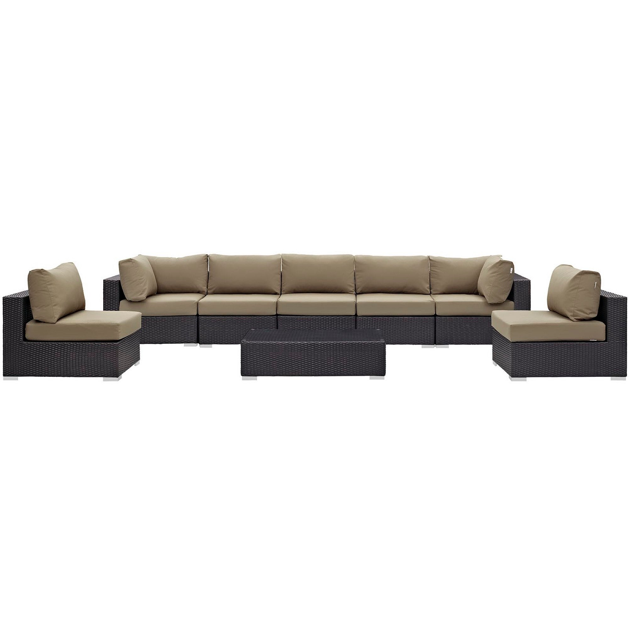 Convene 8 Piece Outdoor Patio Sectional Set - Espresso Mocha (5 Armless Sections, Coffee Table, 2 Corner Sections)