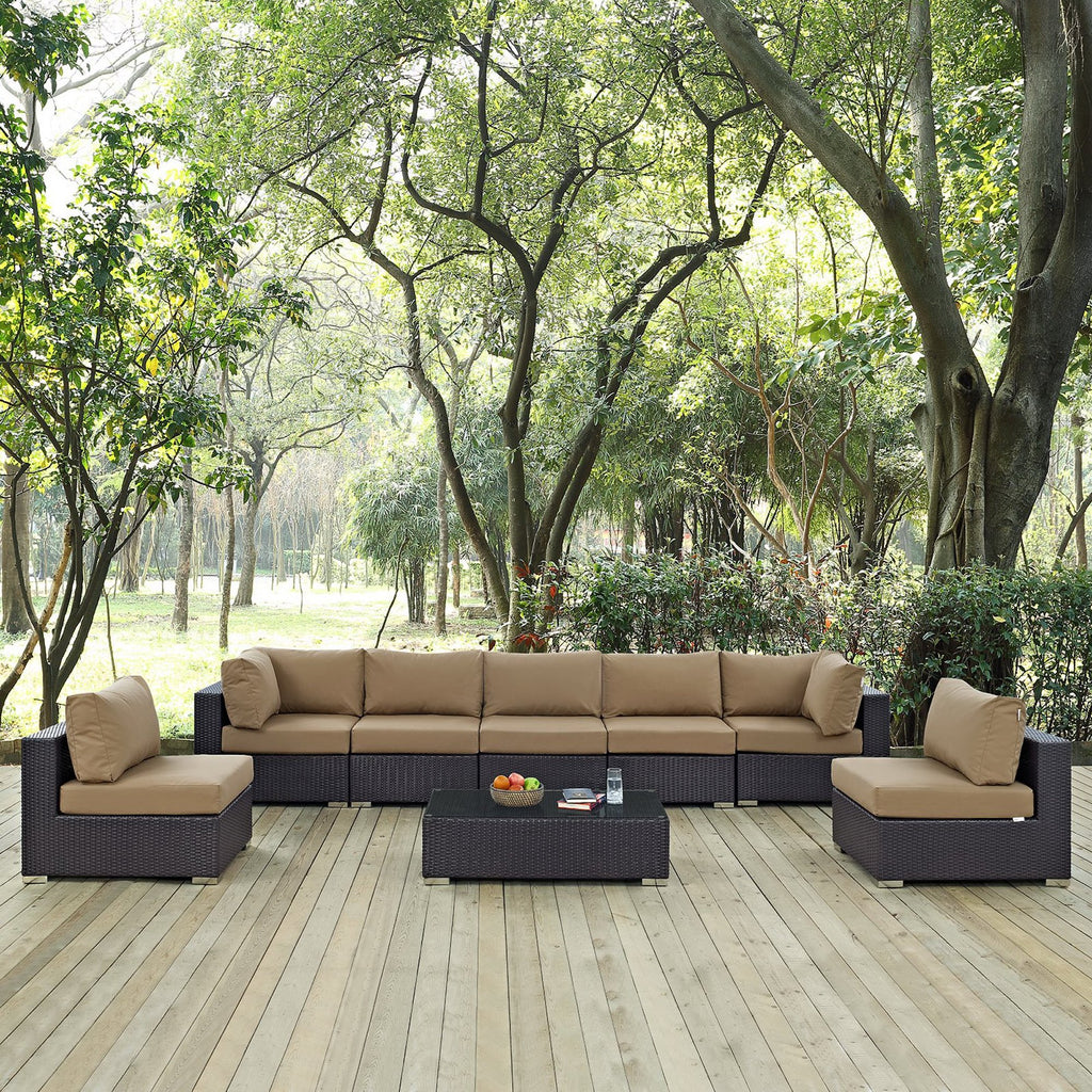 Convene 8 Piece Outdoor Patio Sectional Set - Espresso Mocha (5 Armless Sections, Coffee Table, 2 Corner Sections)
