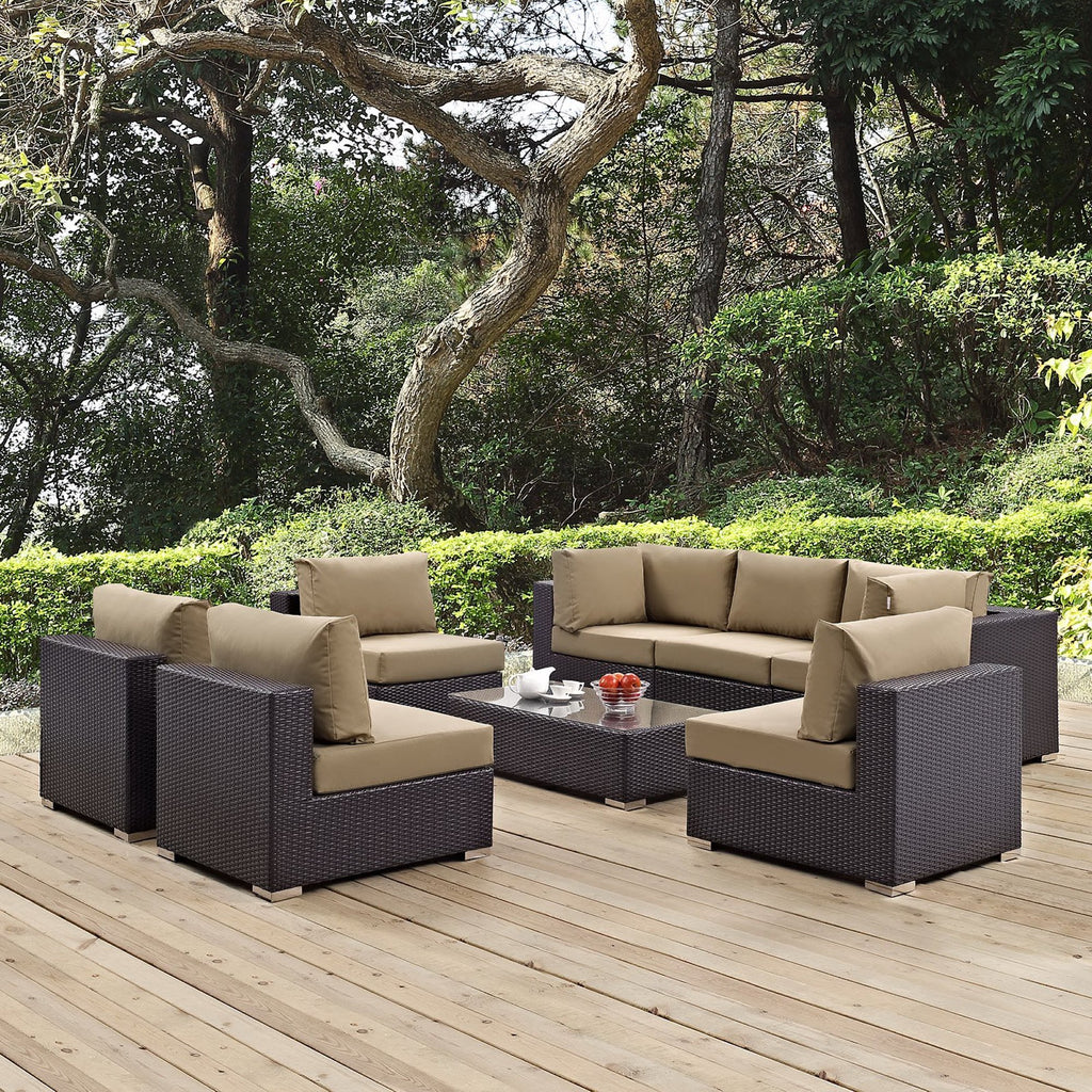 Convene 8 Piece Outdoor Patio Sectional Set - Espresso Mocha (5 Armless Sections, Coffee Table, 2 Corner Sections)