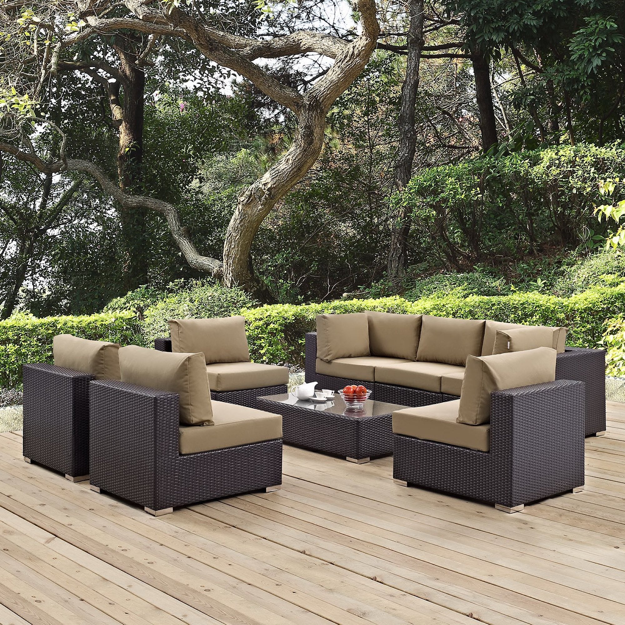 Convene 8 Piece Outdoor Patio Sectional Set - Espresso Mocha (5 Armless Sections, Coffee Table, 2 Corner Sections)