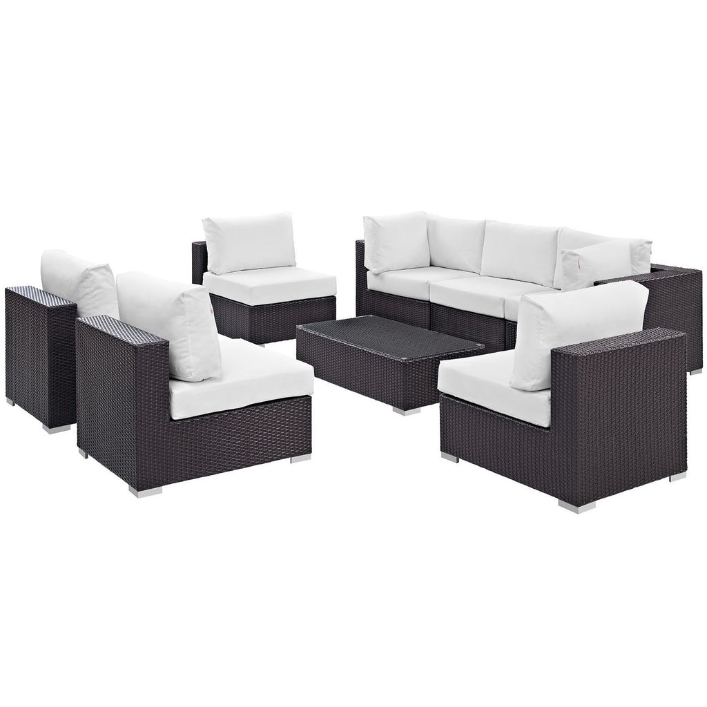 Convene 8 Piece Outdoor Patio Sectional Set - Espresso White (5 Armless Sections, Coffee Table, 2 Corner Sections)