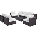 Convene 8 Piece Outdoor Patio Sectional Set - Espresso White (5 Armless Sections, Coffee Table, 2 Corner Sections)