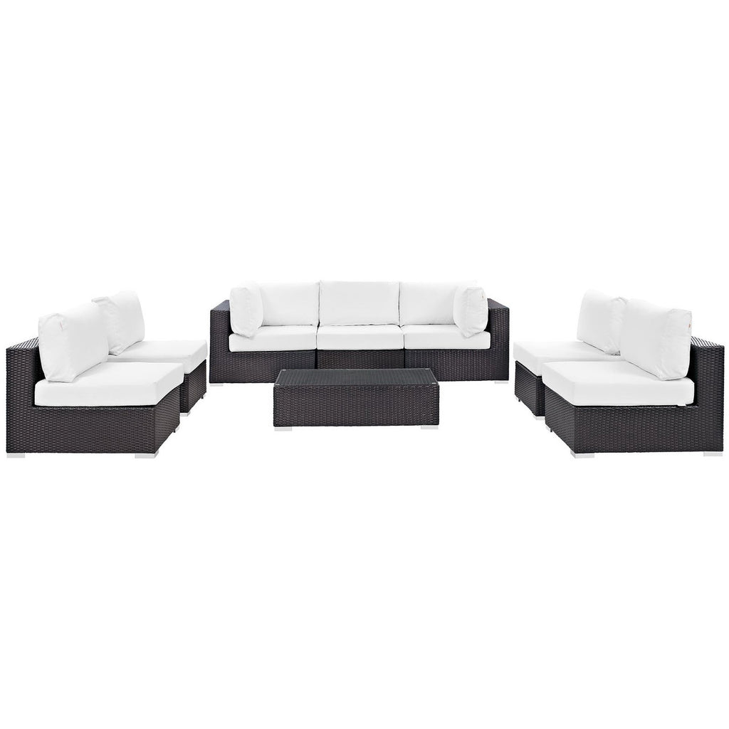 Convene 8 Piece Outdoor Patio Sectional Set - Espresso White (5 Armless Sections, Coffee Table, 2 Corner Sections)