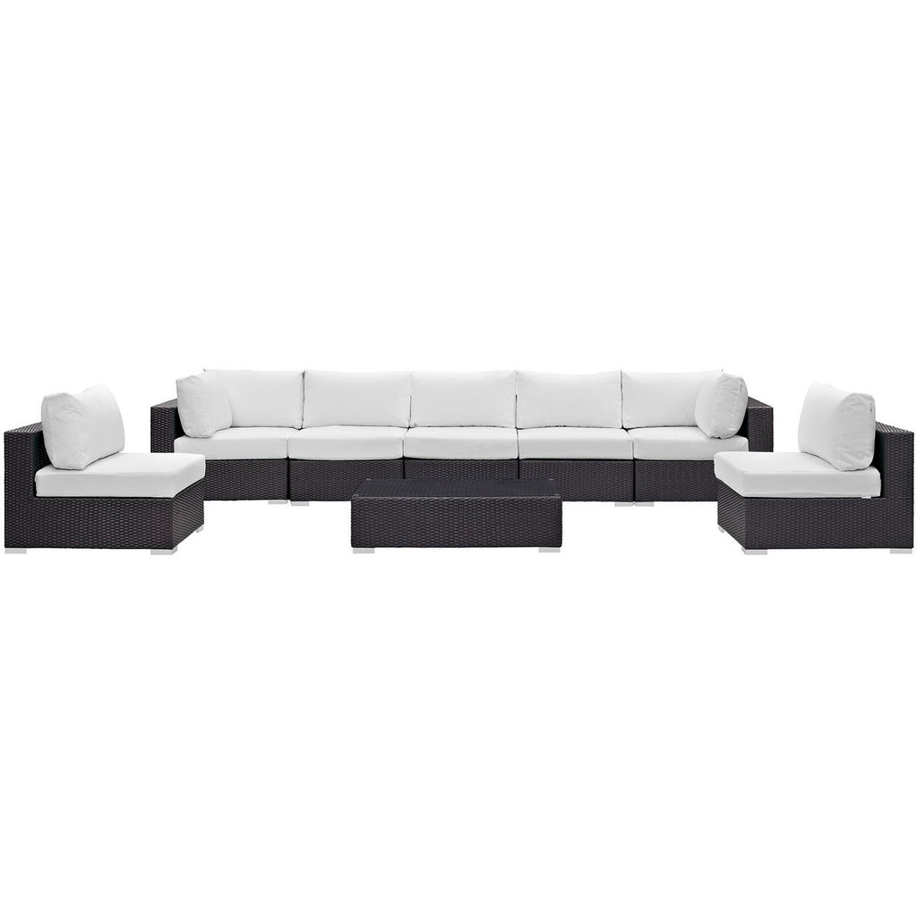 Convene 8 Piece Outdoor Patio Sectional Set - Espresso White (5 Armless Sections, Coffee Table, 2 Corner Sections)