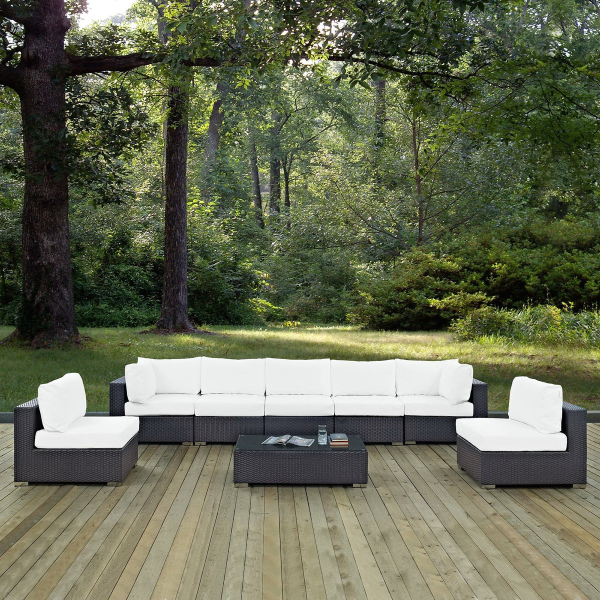 Convene 8 Piece Outdoor Patio Sectional Set - Espresso White (5 Armless Sections, Coffee Table, 2 Corner Sections)