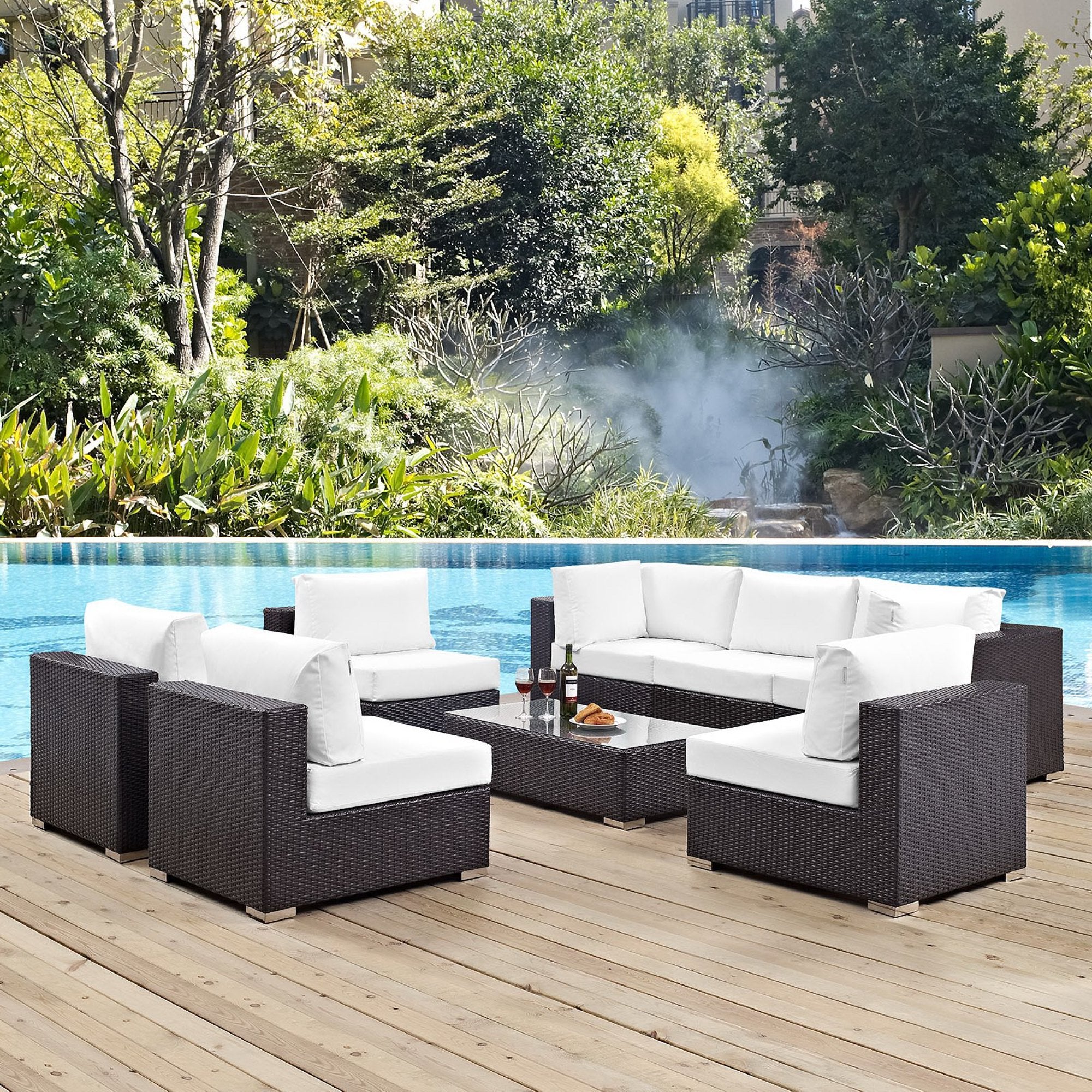 Convene 8 Piece Outdoor Patio Sectional Set - Espresso White (5 Armless Sections, Coffee Table, 2 Corner Sections)
