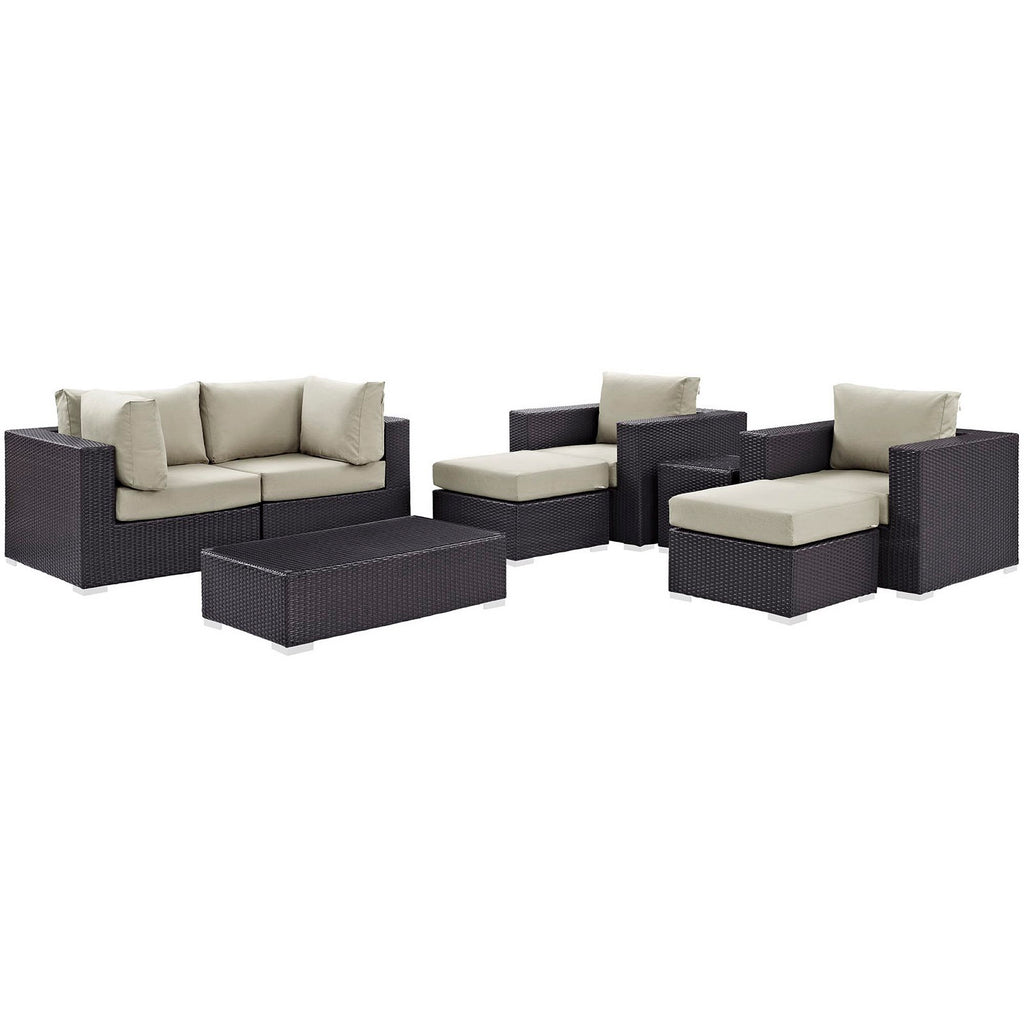 Convene 8 Piece Outdoor Patio Sectional Set - Espresso Beige (2 Sections, Coffee Table, 2 Corner Sections, 2 Ottomans, Side Table)