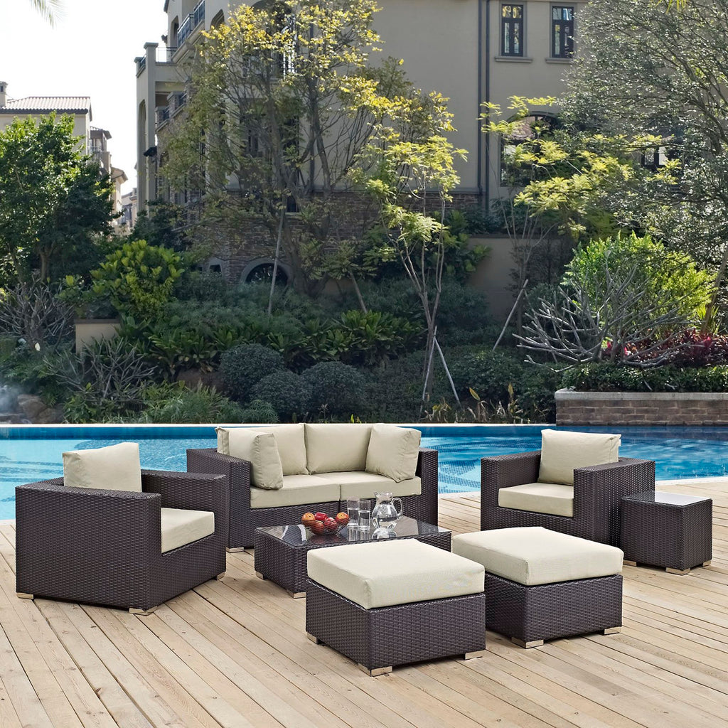 Convene 8 Piece Outdoor Patio Sectional Set - Espresso Beige (2 Sections, Coffee Table, 2 Corner Sections, 2 Ottomans, Side Table)